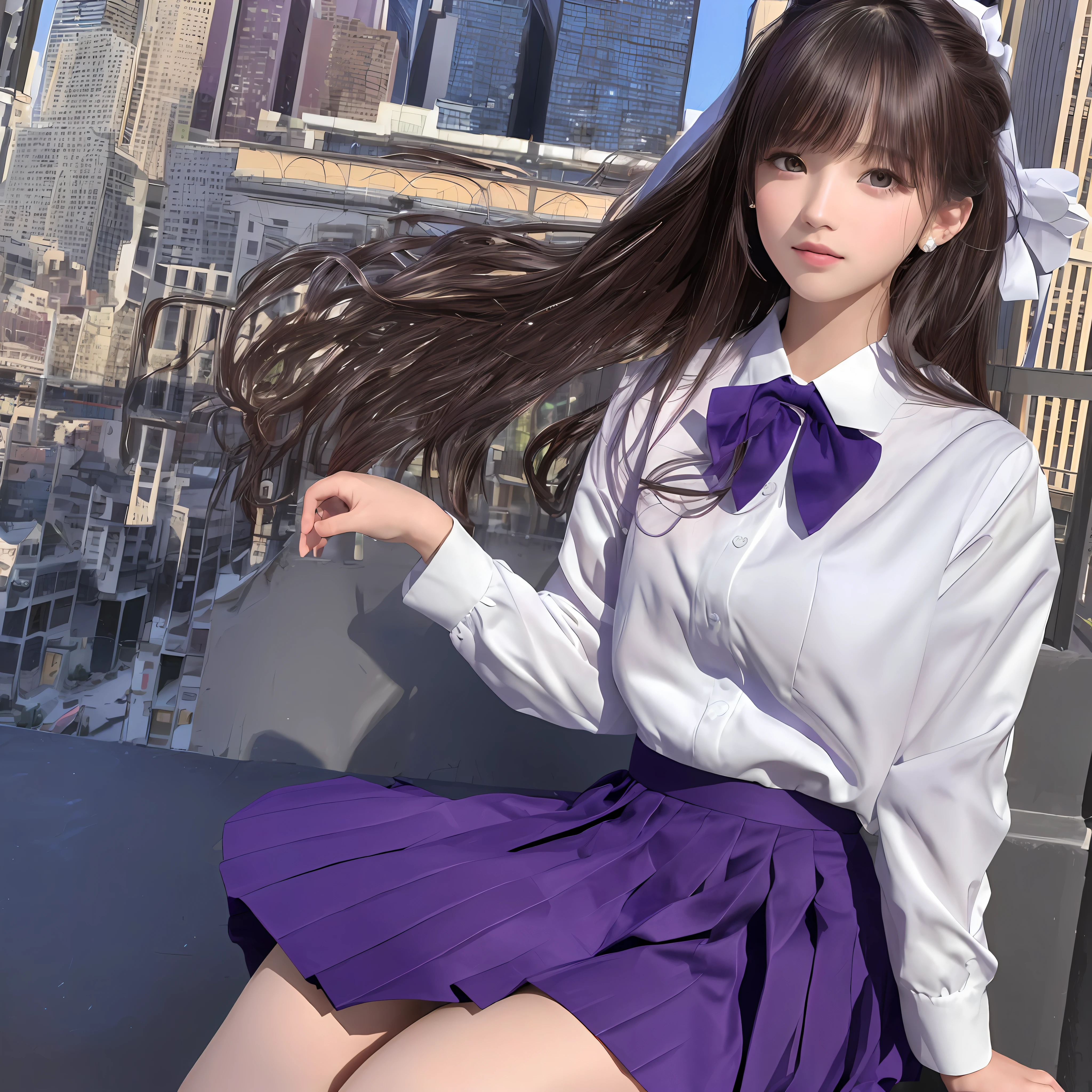 (8k, best quality, masterpiece:1.2), realistic, ultra highres, intricate details,
1girl, beautiful face, jk suit,white shirt,purple bow, bowtie,purple skirt,pleated skirt,cityscape, night,