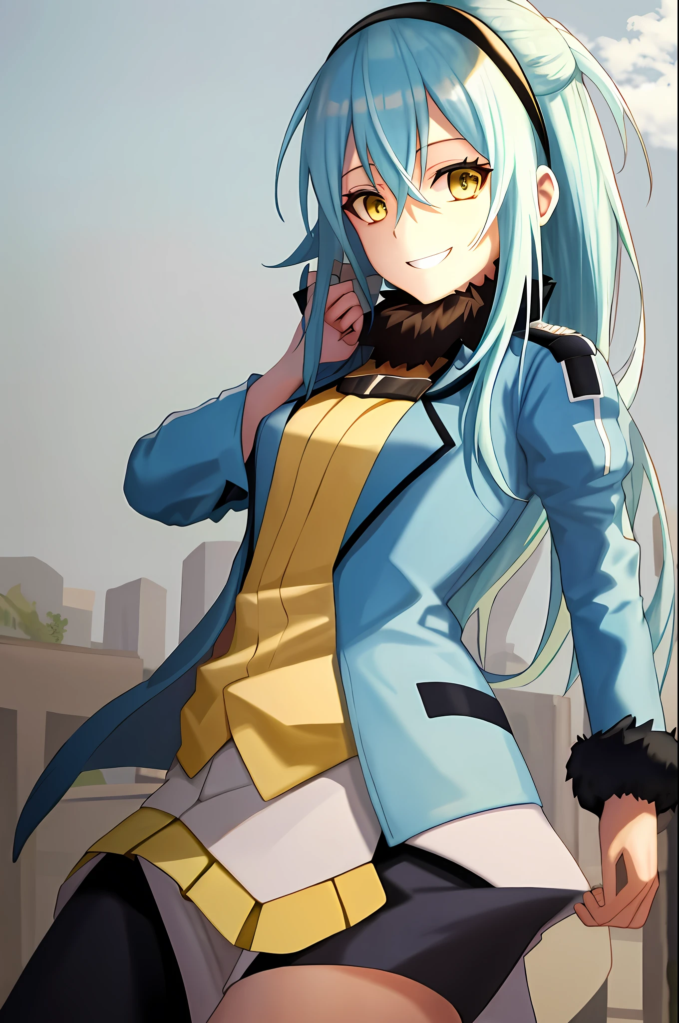 upper body, smile, simple background, outdoors, sky, day,
(rimuru tempest), 1 girl, rimuru girl, a girl, girl version, woman version, skirt, medium breast, smile face, hand on chest, stocking,
