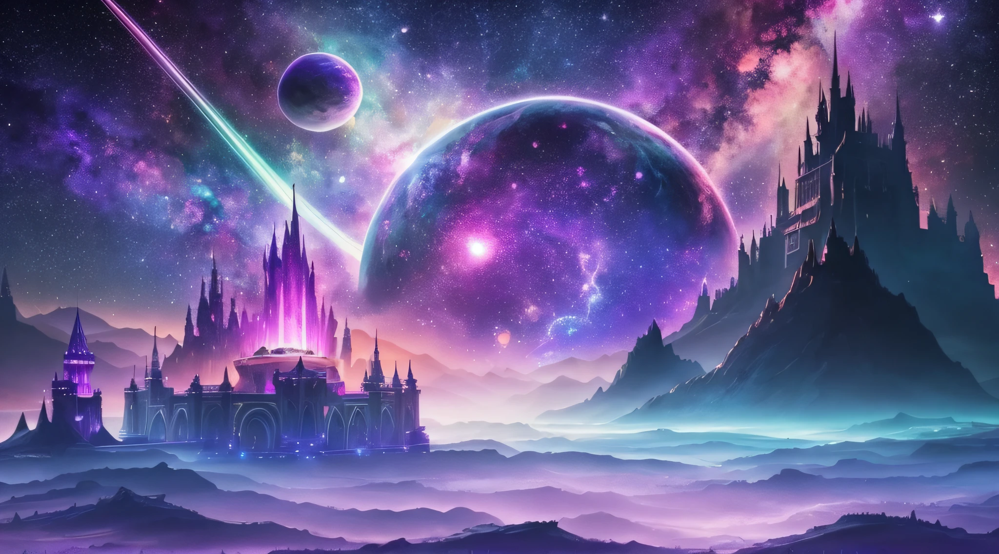 beautiful fantasy painting of space nebula, castle on a cloud, floating rocks, purple blue green, multiple planets, multiple moons, stars, galactic nebulae, fantasy art, best on artstation, best on behance, high resolution, deep aesthetic, award winning, octane render, hyperrealistic, cinematic lighting, 8 k, masterpiece --auto --s2
