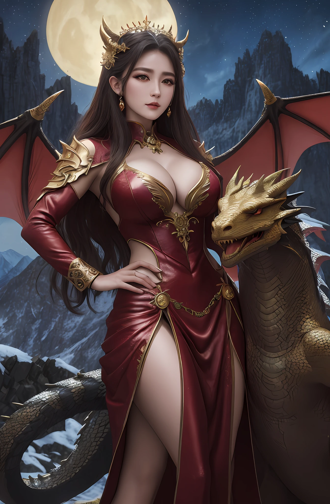 (16k, masterpiece, best quality), ultra-detailed, detailed beautiful round eyes, beautifully detailed face, high quality, high resolution, the dragon queen with her dragons, dragon outfit, goddess, perfect face, perfect body, large breast, ((nighttime)), mature women, outdoor, mountain background