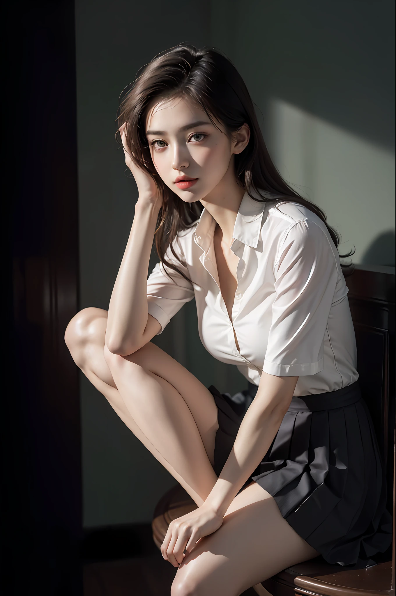 Ultra-realistic 8K CG, picture-perfect face, perfect, clean, masterpiece, professional artwork, famous artwork, perfect face, beautiful face, beautiful eyes, (((perfect female body)), solo, (immersive atmosphere, chiaroscuro: 1.5, bright light: 1.2, luminous lighting)
, , (blush: 0.5), seductive look, very detailed_eyes, thick thighs, large breasts,
Beautiful detailed background, depth of field, realistic: 1.3, long shot, 1 girl, shirt, pleated skirt, uniform, sitting, full body,
(Ambient Light: 1.3), (Cinematic Composition: 1.3), (Neon Lights: 0.1), (HDR: 0.1), Accent Lighting, White Pantyhose, Best Quality, Masterpiece, Ultra High Resolution, (Photorealistic: 1.4), Raw Photo, (Slender Legs) (Beautiful Hands) (Normal Body Shape), Dynamic Pose, 1 Girl, Solo, Uniform, Darkness, Deep Shadows, Low Key 12000K, cold light,
