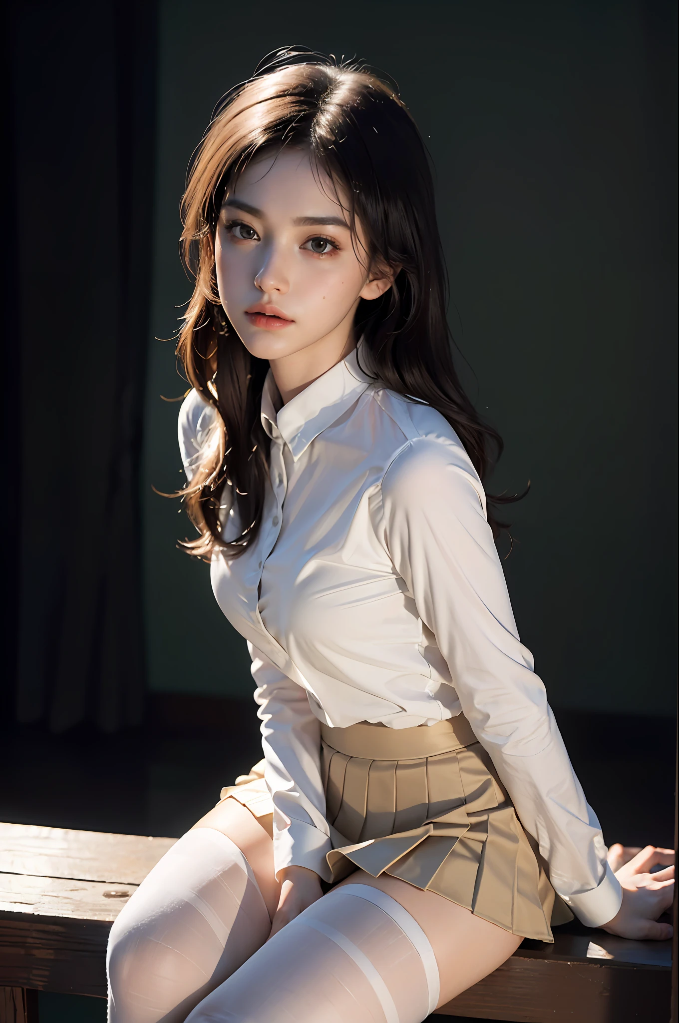 Ultra-realistic 8K CG, picture-perfect face, perfect, clean, masterpiece, professional artwork, famous artwork, perfect face, beautiful face, beautiful eyes, (((perfect female body)), solo, (immersive atmosphere, chiaroscuro: 1.5, bright light: 1.2, luminous lighting)
, , (blush: 0.5), seductive look, very detailed_eyes, thick thighs, large breasts,
Beautiful detailed background, depth of field, realistic: 1.3, long shot, 1 girl, shirt, pleated skirt, uniform, sitting, full body,
(Ambient Light: 1.3), (Cinematic Composition: 1.3), (Neon Lights: 0.1), (HDR: 0.1), Accent Lighting, White Pantyhose, Best Quality, Masterpiece, Ultra High Resolution, (Photorealistic: 1.4), Raw Photo, (Slender Legs) (Beautiful Hands) (Normal Body Shape), Dynamic Pose, 1 Girl, Solo, Uniform, Darkness, Deep Shadows, Low Key 12000K, cold light,