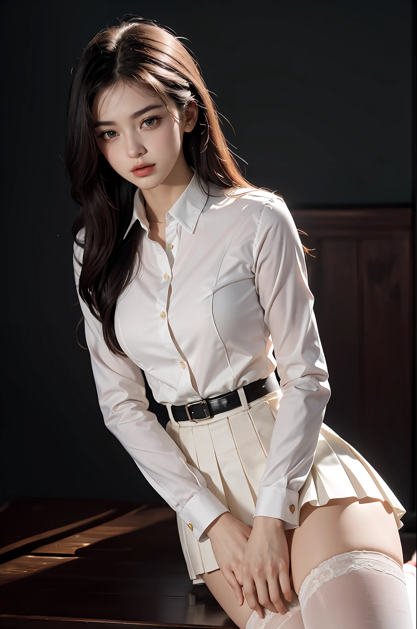 Ultra-realistic 8K CG, picture-perfect face, perfect, clean, masterpiece, professional artwork, famous artwork, perfect face, beautiful face, beautiful eyes, (((perfect female body)), solo, (immersive atmosphere, chiaroscuro: 1.5, bright light: 1.2, luminous lighting)
, , (blush: 0.5), seductive look, very detailed_eyes, thick thighs, ?????????????,
Beautiful detailed background, depth of field, realistic: 1.3, long shot, 1 girl, shirt, pleated skirt, uniform, sitting, full body,
(Ambient Light: 1.3), (Cinematic Composition: 1.3), (Neon Lights: 0.1), (HDR: 0.1), Accent Lighting, White Pantyhose, Best Quality, Masterpiece, Ultra High Resolution, (Photorealistic: 1.4), Raw Photo, (Slender Legs) (Beautiful Hands) (Normal Body Shape), Dynamic Pose, 1 Girl, Solo, Uniform, Darkness, Deep Shadows, Low Key 12000K, cold light,