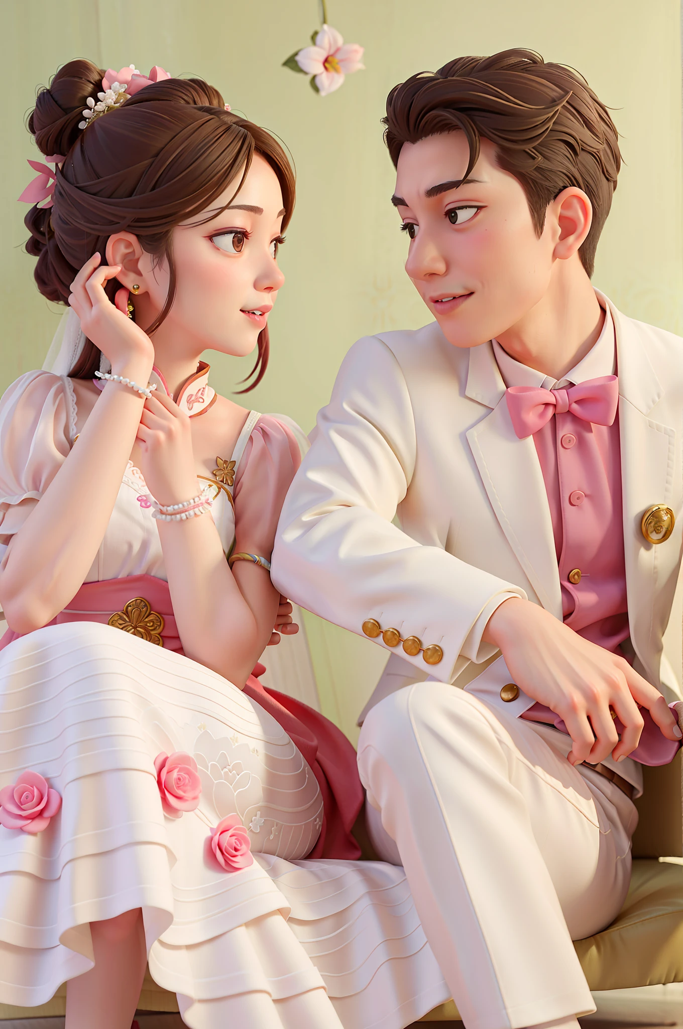 The bride and groom are sitting on the sofa looking at each other, smiling, holding flowers in their hands, Ruan Jia and Fenghua Bell, lovely couple, Cheng Yanjun, Dai Ao, wedding photos, Ruan Jia and Brom, photo shoot, happy couple, Sha Xi, fanart, pastel, Cai Xukun, 🤬 🤮 💕 🎀 photo taken with Nikon D 7 5 0