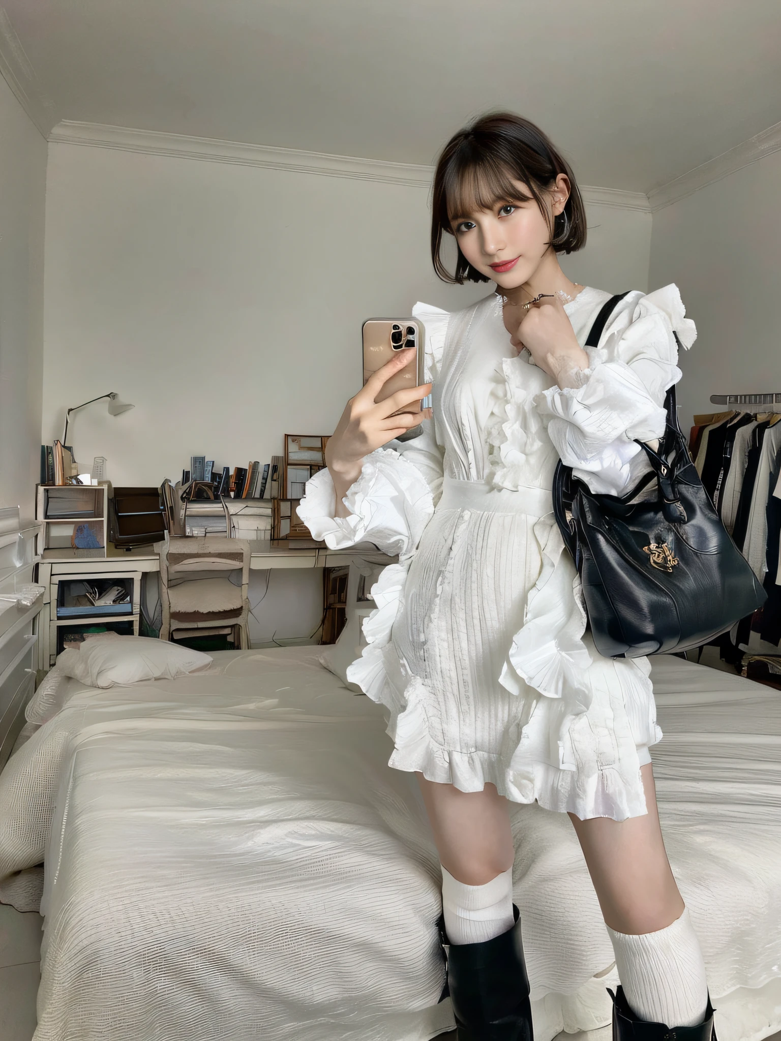 (photo of attractive Japanese woman), 1 girl, (short wavy hair), perfect figure, super detailed face, detailed lips, fine eyes, double eyelids, taking a picture of yourself in the mirror, Nico in a white dress, rococo ruffled dress, wearing a cute white dress, wearing a white dress, wearing a white fluffy dress, white fashionable dress, wearing a white Folkdrakt dress, frilled clothes, puff sleeves, wearing a white flowing dress with frills, Wear white clothes
