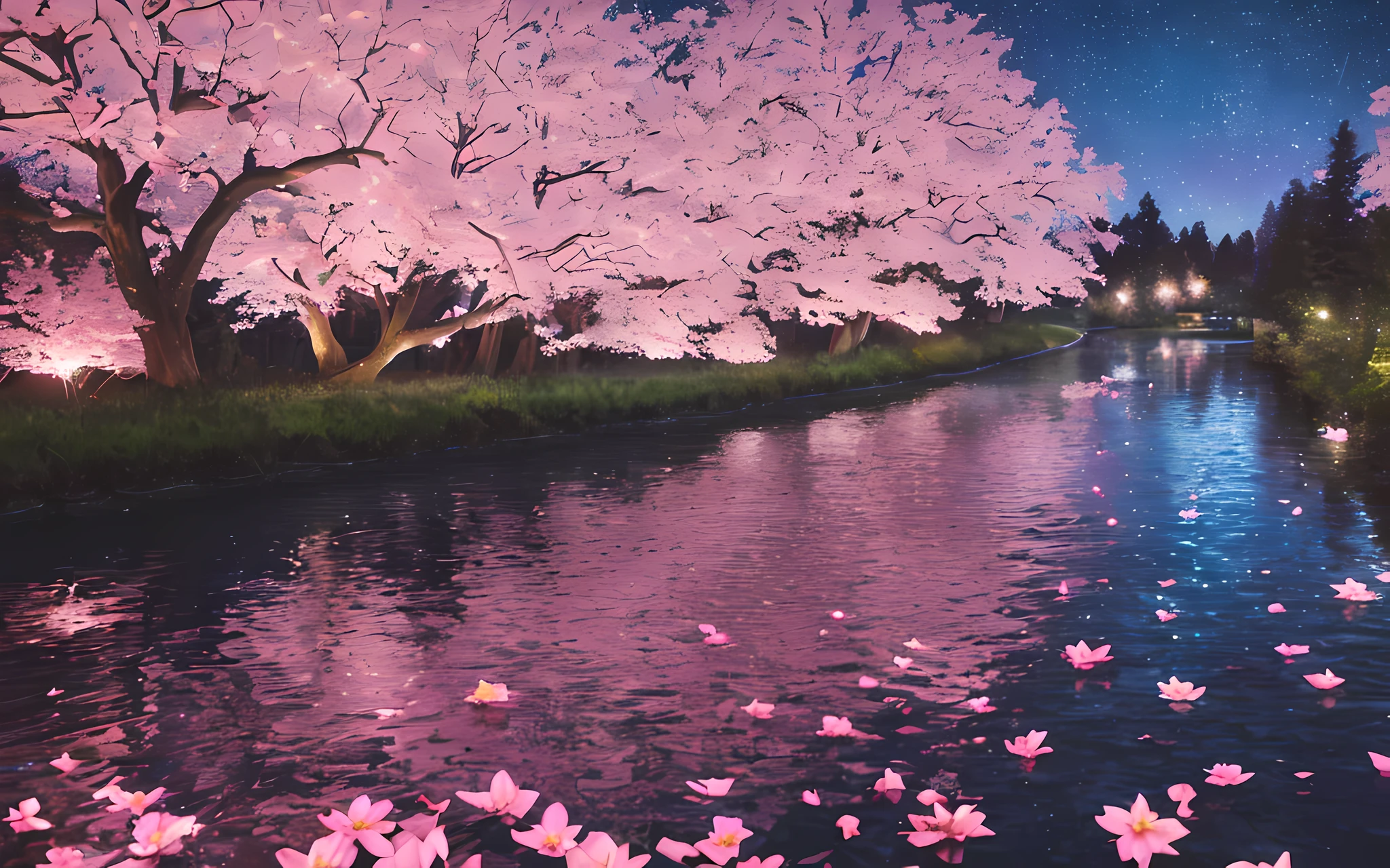 (highest quality, masterpiece), (starry sky at night, river in the back, huge old trees in the back, glowing pink petals in the back)