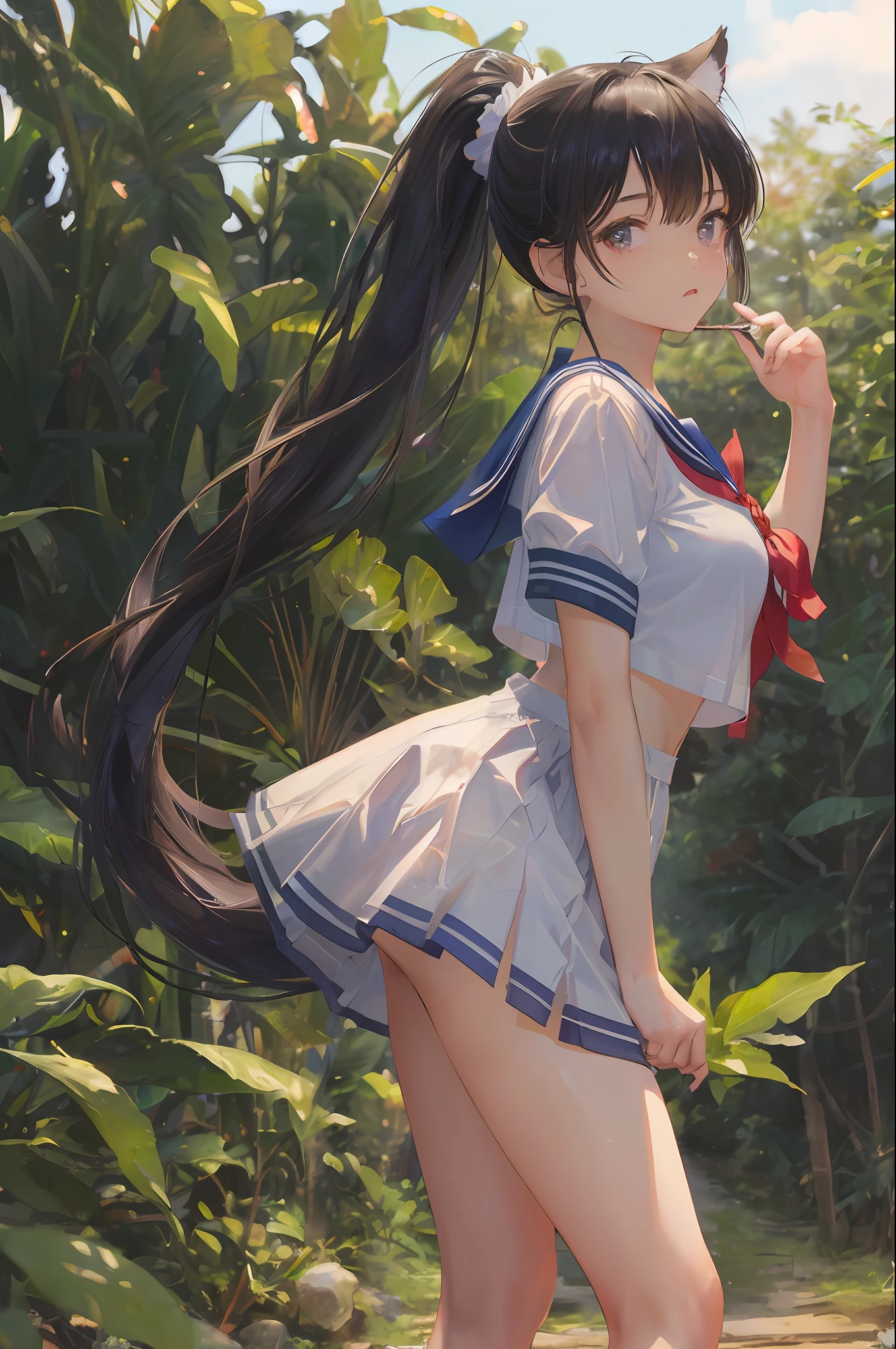 art by Cornflower, dreamy, (masterpiece, best quality, perfect anatomy, beautiful face, realistic, ultra detailed,1girl,18ears old,solo,depth of field,Canon 24mm Lens,f1.4,cute_girl,sailor_ collar, clear facial features, short sleeves, large breasts, thin stature, height 170, barefoot, double ponytail, bangs, gravure pose, outdoor, jungle, blurred background, (uwabaki: 1.1576))