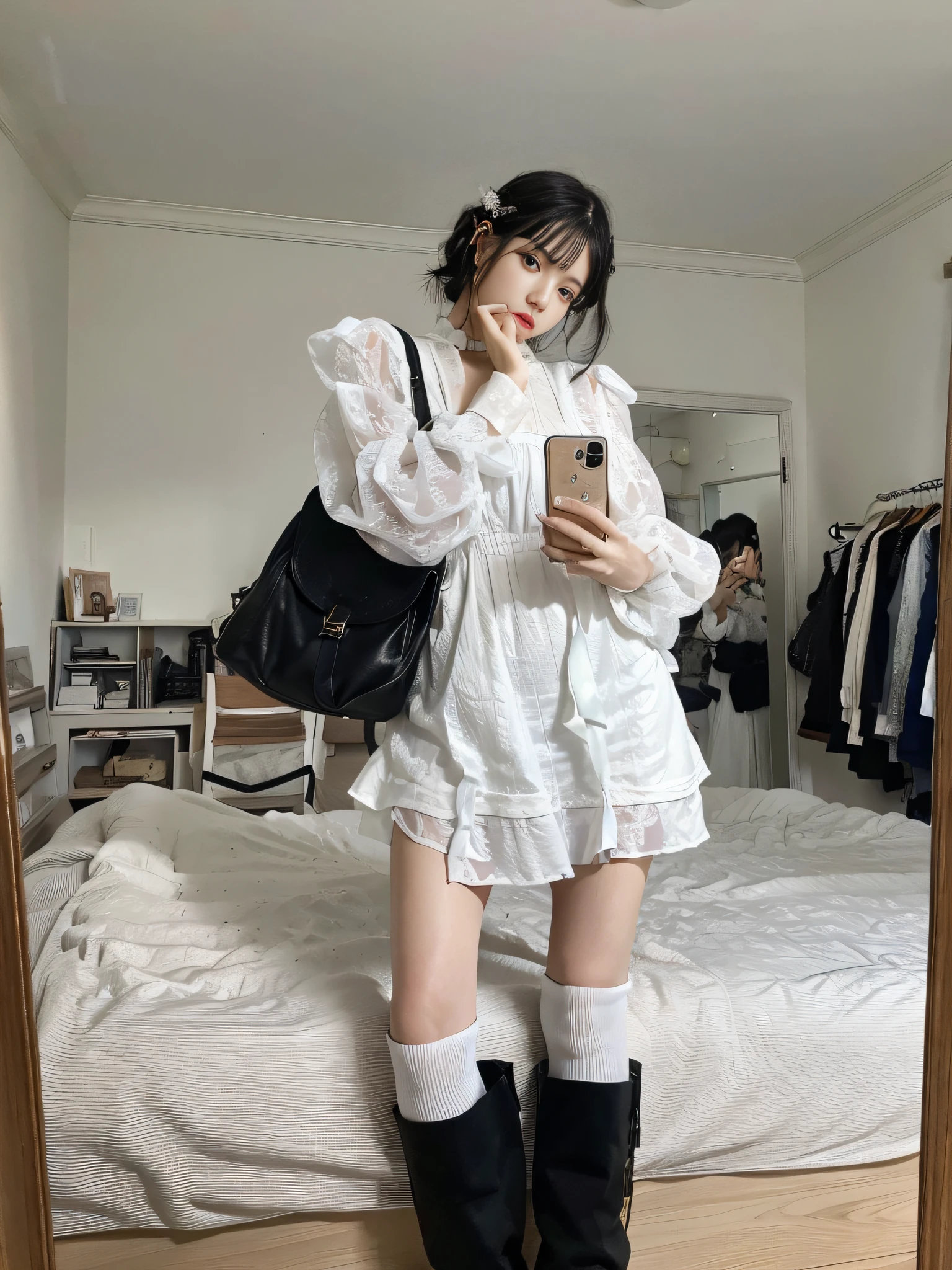 (photo of attractive Japanese woman), 1 girl, (short wavy hair), perfect figure, super detailed face, detailed lips, fine eyes, double eyelids, take a picture of yourself in the mirror, white shirt and gothic boots, Nico in white dress, white fluffy dress, frilled clothes, clothing photos, rococo ruffled dress, white fashionable dress, wearing a cute white dress, wearing white clothes, 😭 🎀 💕 💕 🤮 🎀 🤮 🤬 wearing white clothes