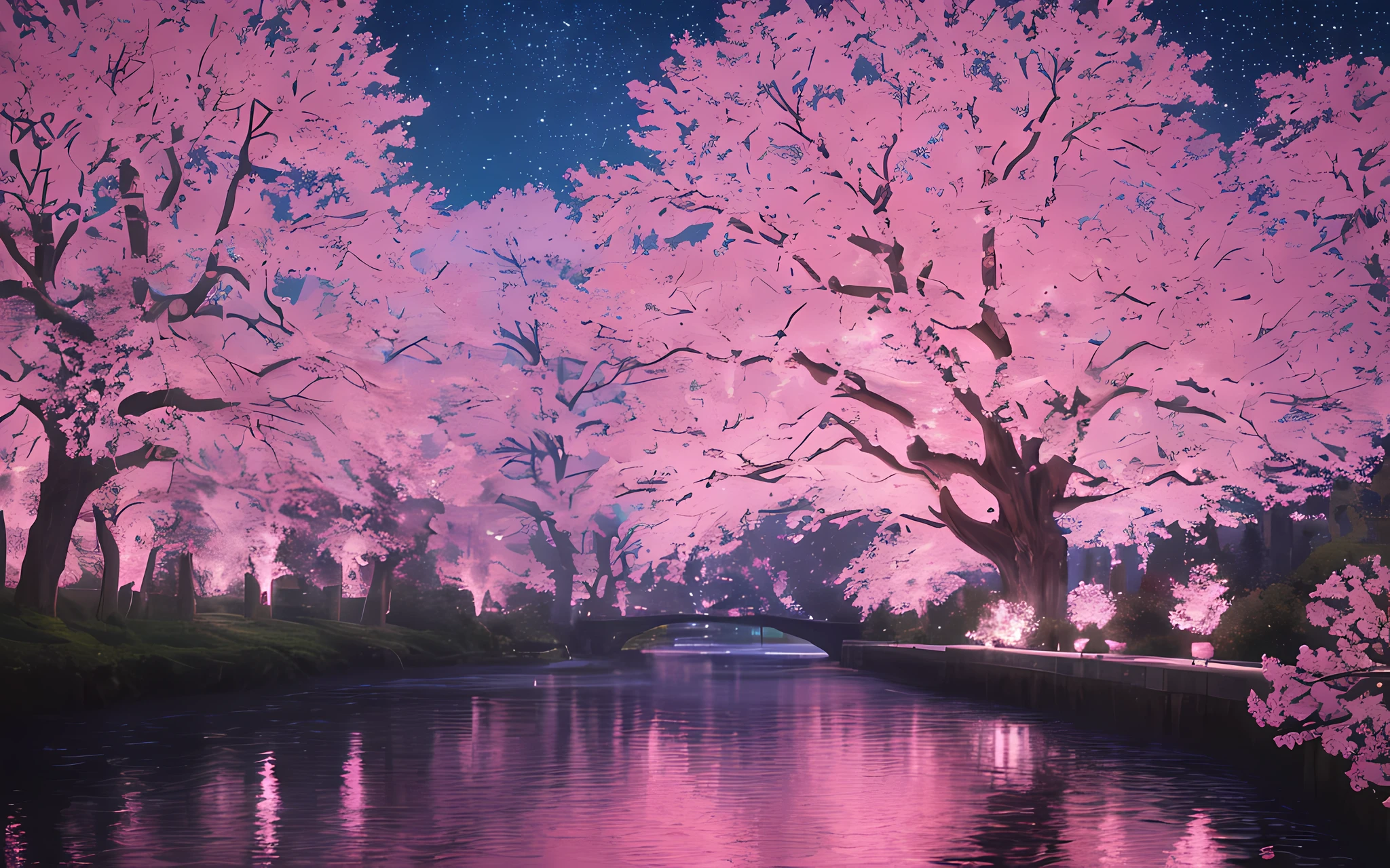 (highest quality, masterpiece), (starry sky at night, river in the back, huge old trees in the back, glowing pink petals in the back)