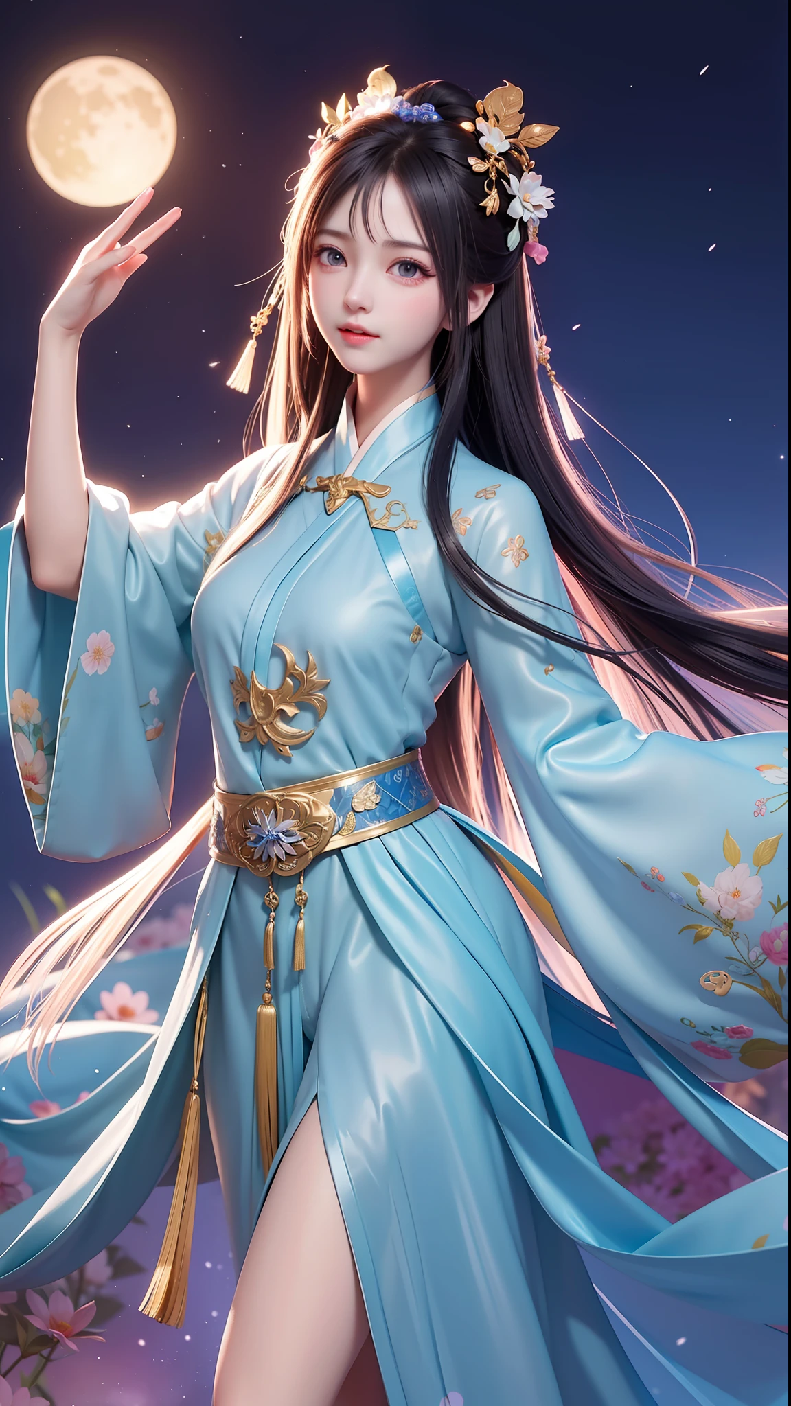 (8k, RAW photo:1.2), best quality, ultra high res,dramatic angle,(fluttered detailed color splashs), (illustration),(((1 girl))),(long hair),(rain:0.9), (头饰:1.4),少女身边有一座古宫,汉服,(重点),彩色水墨画,(泼彩),泼彩,(((colorful))),(素描:0.8) , Masterpiece, best quality, beautiful painted, highly detailed,(denoising:0.6),[splash ink],((ink refraction)), (beautiful detailed sky),moon,highly,detaild,(masterpiece, best quality, extremely detailed） CG unity 8k壁纸，杰作，最好的质量，超详细），（石蒜），护士