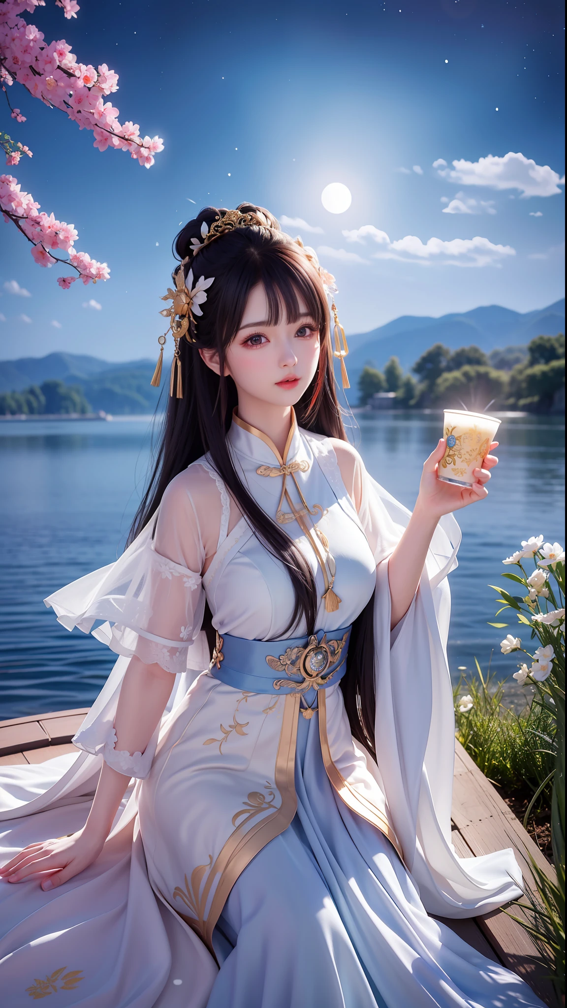 (8k, RAW photo:1.2), best quality, ultra high res,dramatic angle,(fluttered detailed color splashs), (illustration),(((1 girl))),(long hair),(rain:0.9), (头饰:1.4),少女身边有一座古宫,汉服,(重点),彩色水墨画,(泼彩),泼彩,(((colorful))),(素描:0.8) , Masterpiece, best quality, beautiful painted, highly detailed,(denoising:0.6),[splash ink],((ink refraction)), (beautiful detailed sky),moon,highly,detaild,(masterpiece, best quality, extremely detailed） CG unity 8k壁纸，杰作，最好的质量，超详细），（石蒜），制服