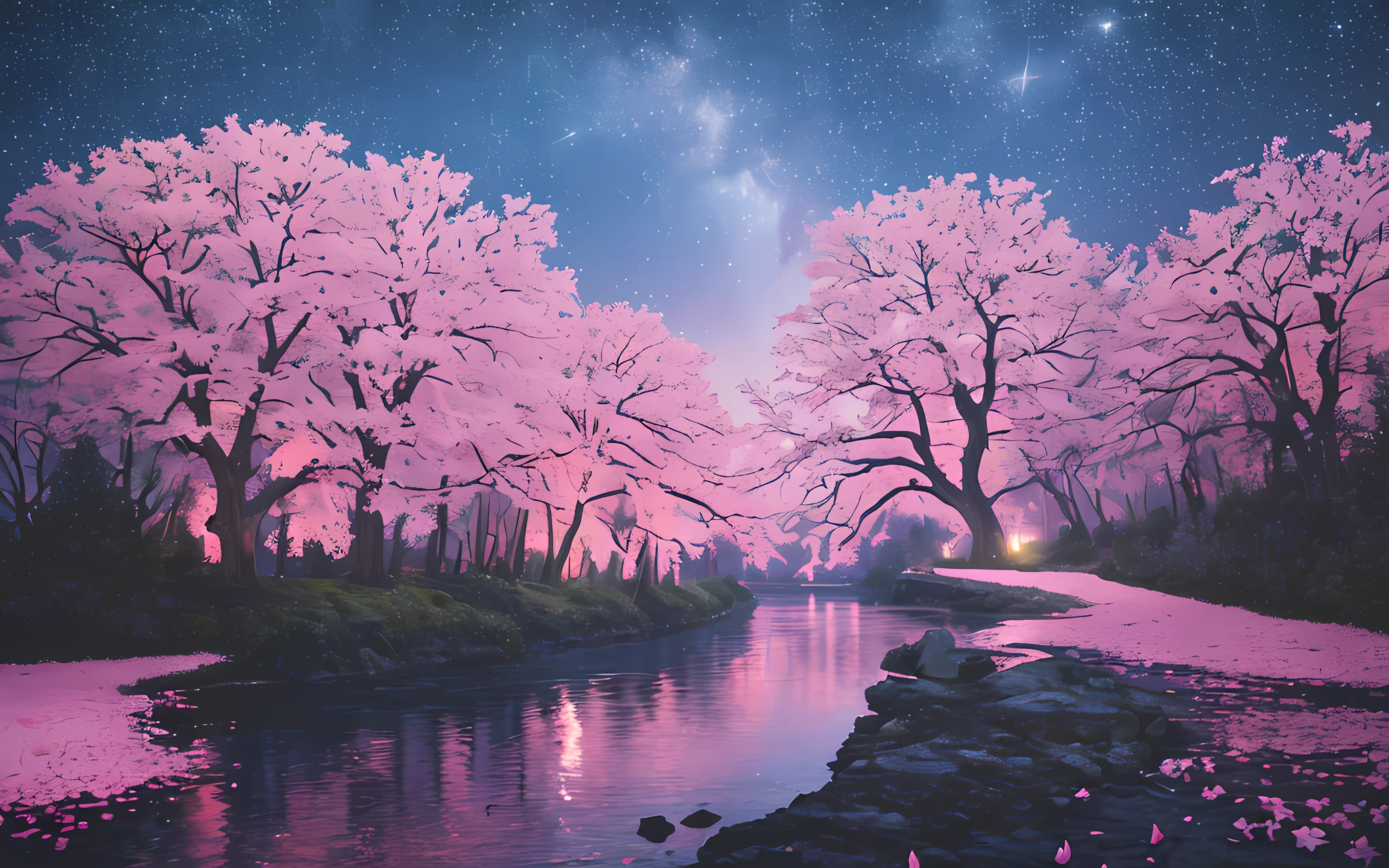 (highest quality, masterpiece), (starry sky at night, river in the back, huge old trees in the back, glowing pink petals in the back)