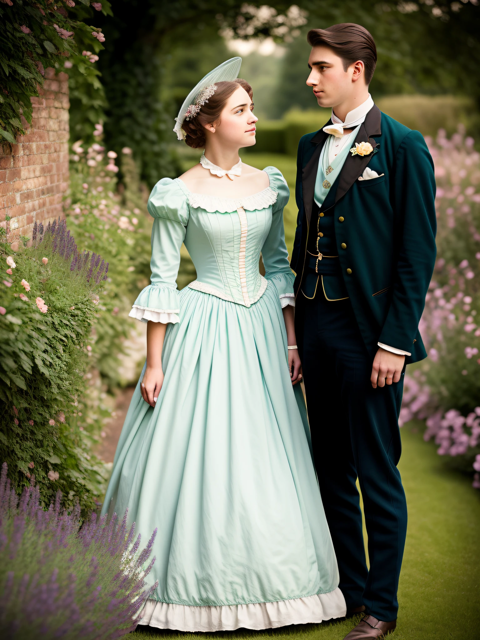 A young gentleman and a young woman, 1880s, gorgeous costumes, outside, garden, manor, soft lighting, (HDR: 1.1), 8k, realistic hair, clear details, (HDR: 1.2), (pastel colors: 1.2), RAW photos, film grain, Fujifilm XT3