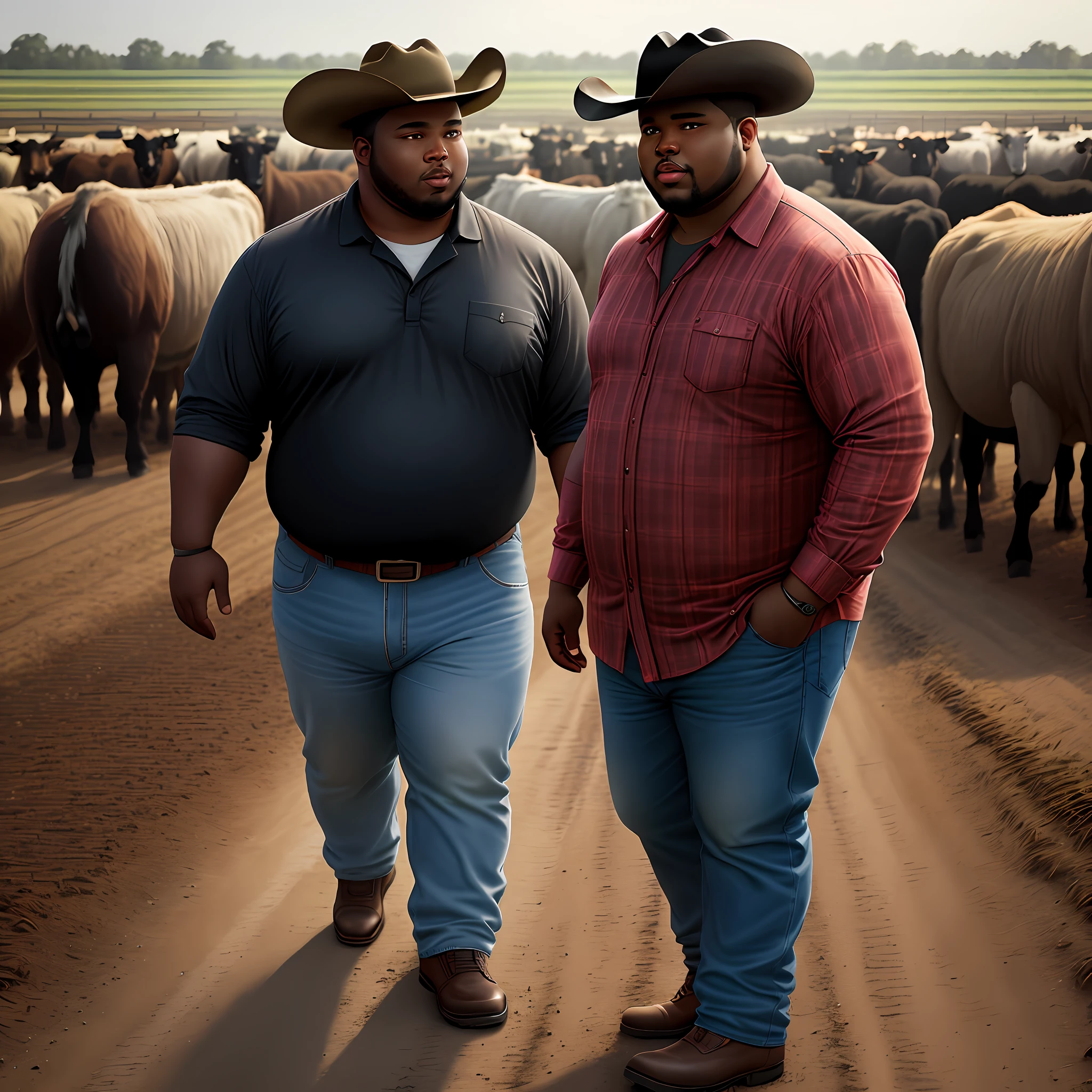 Fat black man with cowboy hat on 8k farm, cinematic effect9 in the background a realistic farm, realistic, photo with cinematographic quality, some cattle background, farm, porter