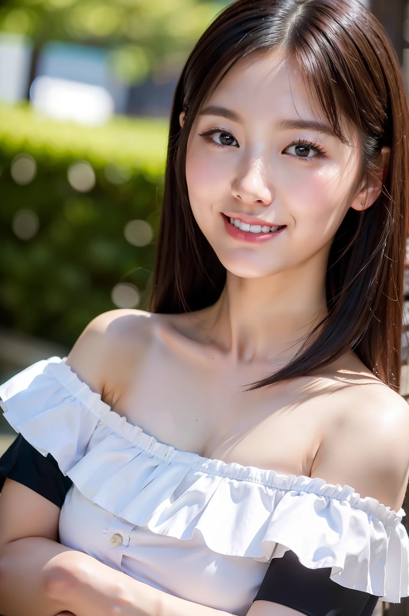 ((top quality, 8k, masterpiece: 1.3)), sharp focus: 1.2,1 Cute Japan Woman Pictures: 1.4, black hair, medium breasts, wearing a white blouse, extremely detailed eyes and face, sharp pupils, realistic pupils, sharp focus, cinematic lighting, off-shoulder, happy smiling