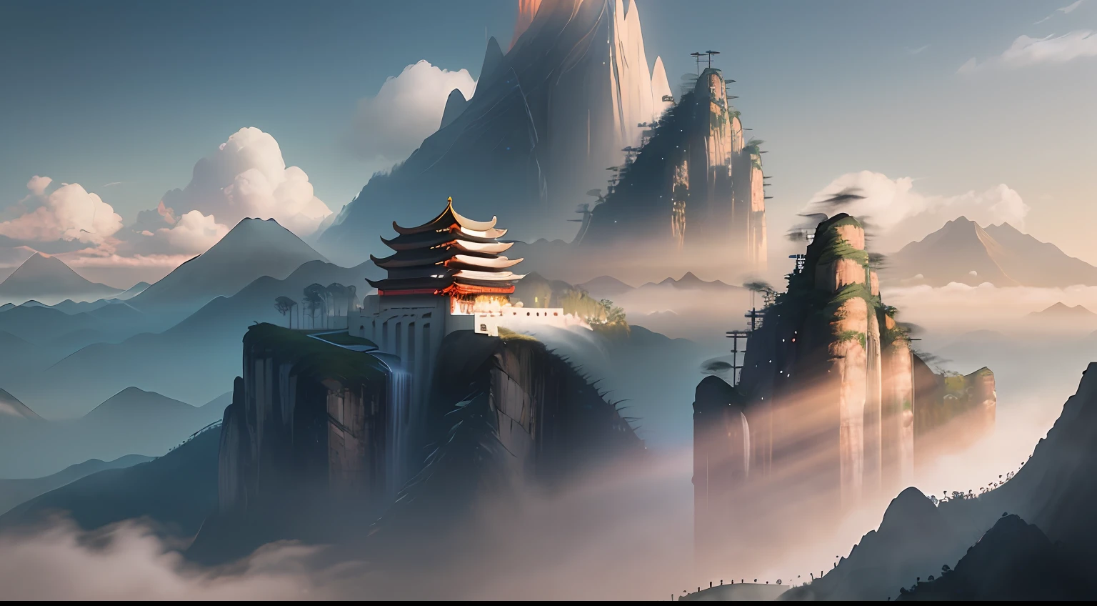 Dopamine, Surreal Airbrush Art, CGSociety, Unreal Engine, 16K, Rendering, CGI, Concept Art, Trends on ArtStation, DdreamLike Style, Zhangjiajie, Chinese-style Architecture Between Mountains and Forests, Mist, White Clouds, Top View of Aerial Photography