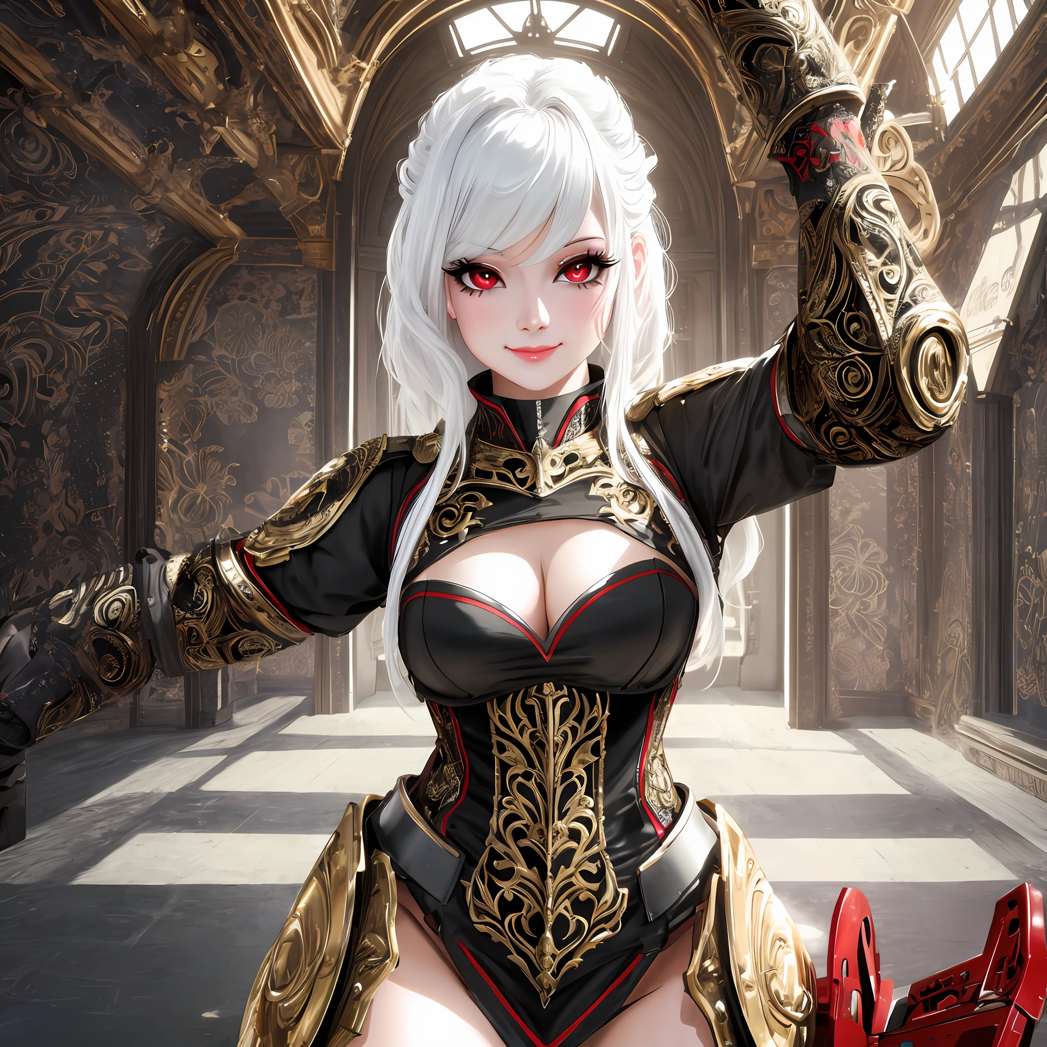 masterpiece, best quality, BREAK, 1girl, robotic dress,red eyes,close up shot, realistic, smile, ornate, intricate, looking at viewer,white hair, realistic hair,white eyelashes,highest quality digital art, Stunning art, wallpaper 4k,8k,64k, HD, unparalleled masterpiece, dynamic lighting, cinematic, epic