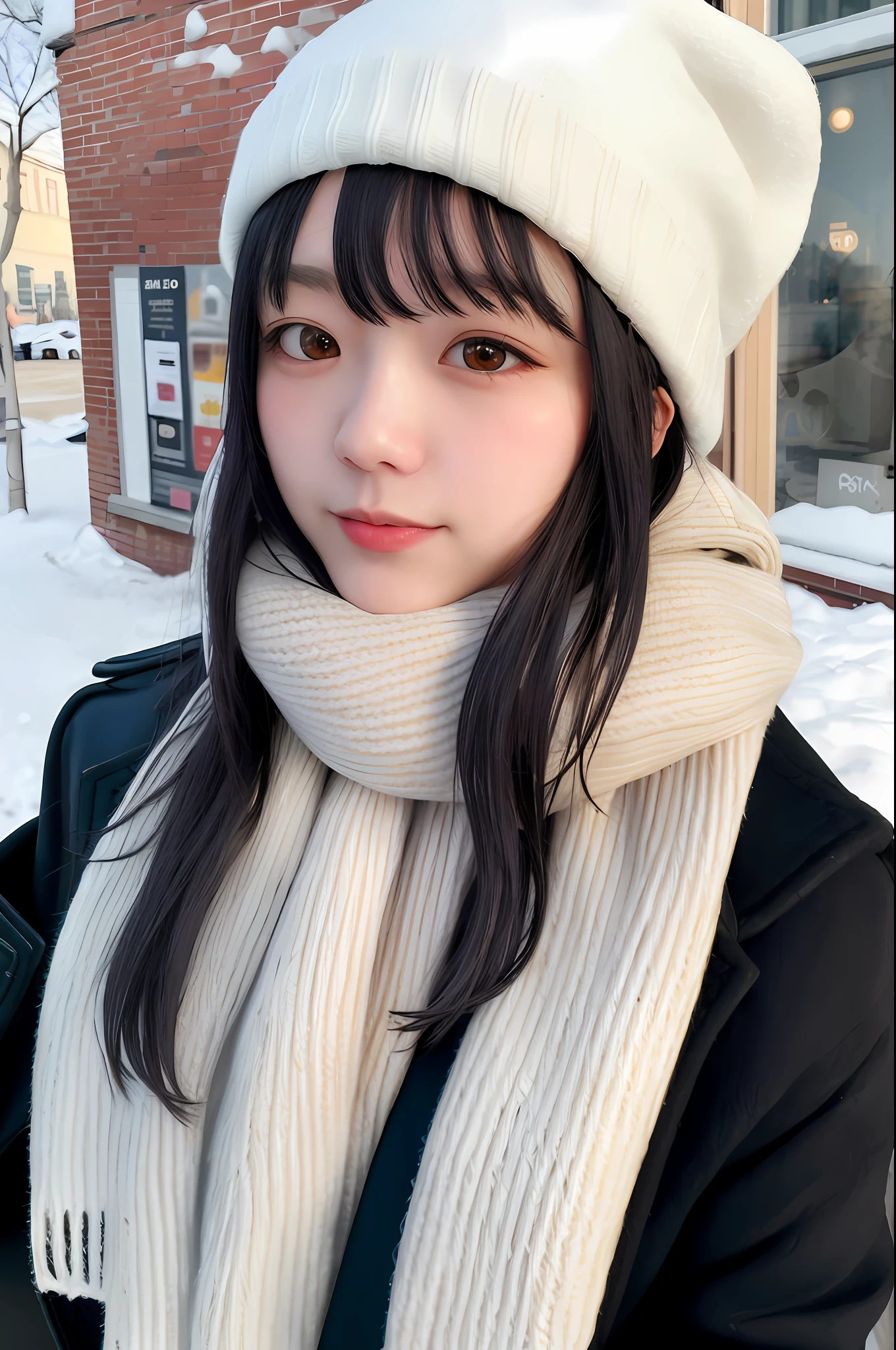 masterpiece, best quality,1girl, solo, black hair, scarf, hat, realistic, looking at viewer, black eyes, long hair, coat, winter clothes, white scarf, lips, bangs, outdoors, closed mouth, upper body