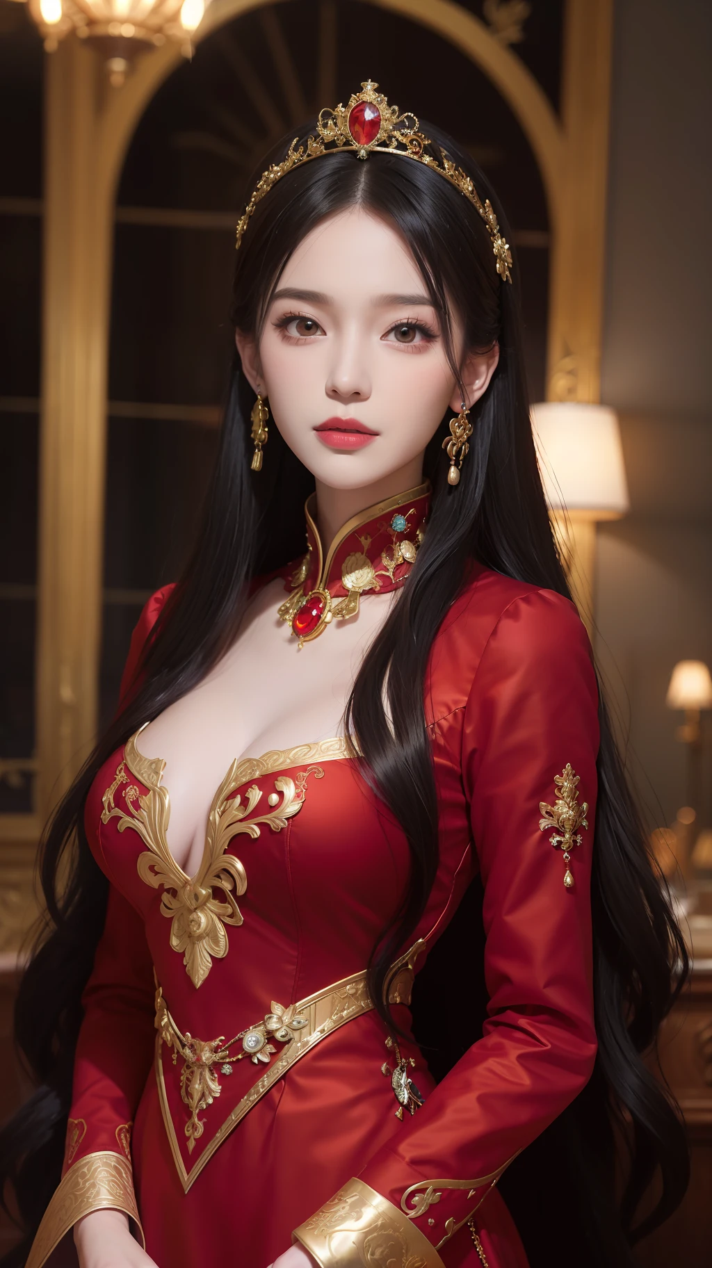 1 beautiful princess, In the Dark: 1.6), surreal female portrait by David Hockney and Alphonse Mucha, fantasy art, korea doll, photorealism, dynamic lighting, artstation, poster, volumetric lighting, very detailed faces, 8k ultra, all body, Awarded, in the dark, deep shadow, low key, cowboy lens, (Red phoenix dress: 1.4), long hair, black hair, bust, luxurious palace, Royal style, Princess crown, Big round black eyes, style Royal, The most beautiful face, big and regular breasts, Super realistic, chinese women's clothing, polo neck sweater, Charming smile,