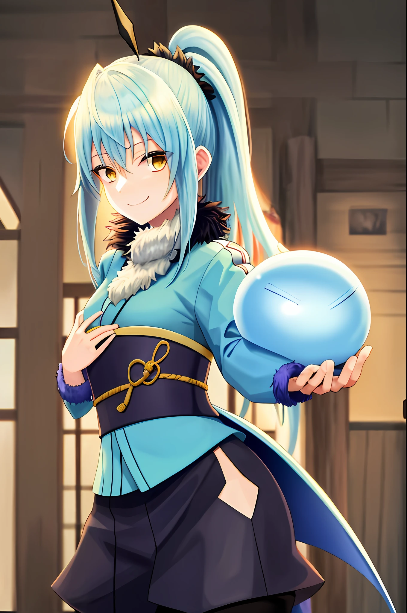 upper body, indoor, (rimuru tempest),  1 girl, rimuru girl, kimono, skirt, medium breast, smile face, hand on chest, stocking, 1girl,
