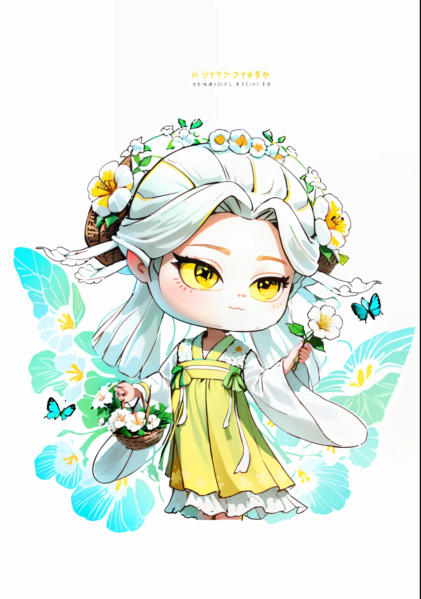 A cute girl with dark brown hair, holding a flower basket in one hand, holding a white hibiscus flower in the other hand, there is a butterfly next to it, white hibiscus flowers on both sides of the hair, some metal flower headdress, yellow skirt, sleeves and shoulders of the dress are light green, the scene has two butterflies playing, the color block is bright, the color is bright, the line art, infinite details, fine painting, beautifully depicted, blank background