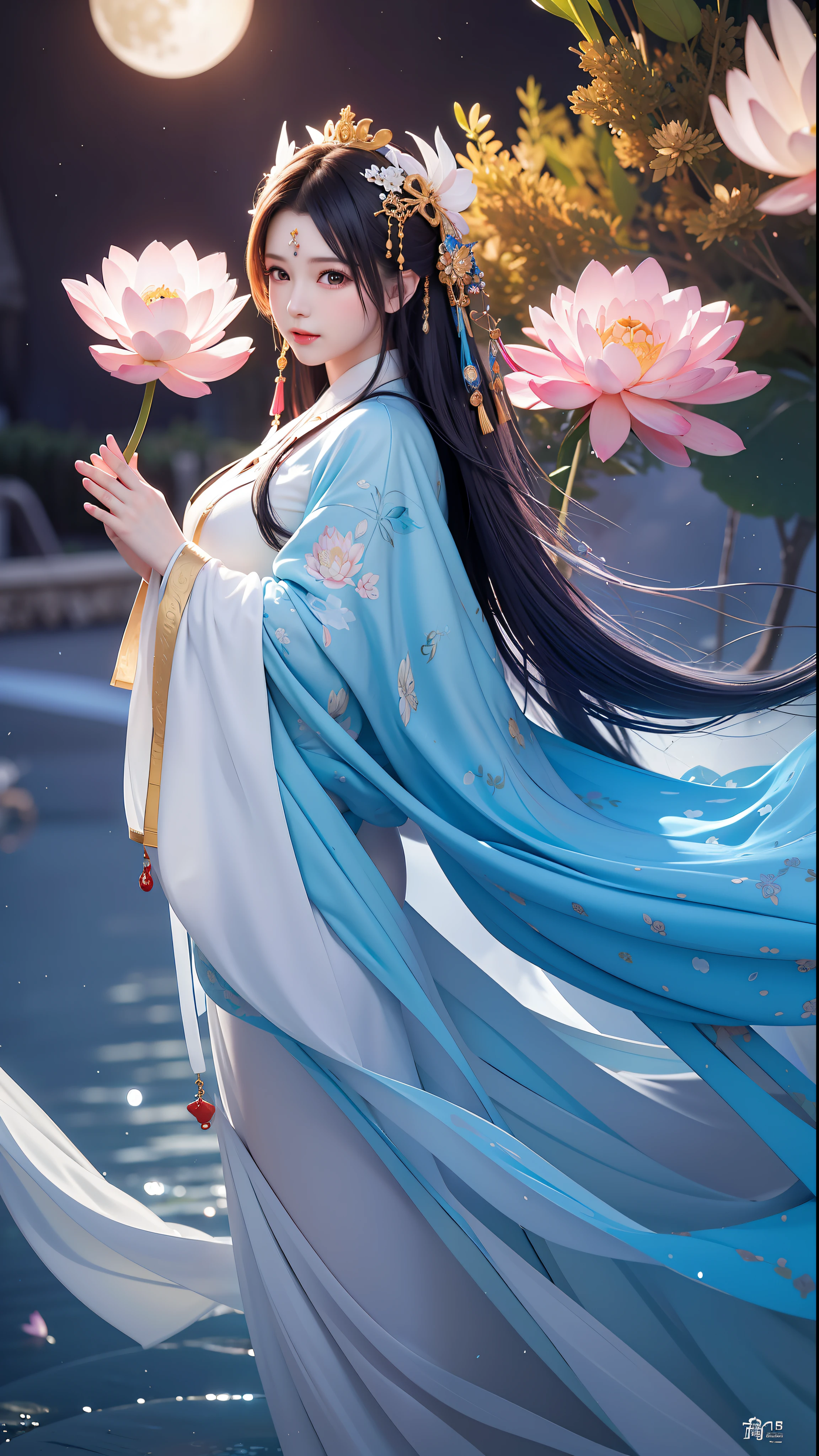 (8k, RAW photo:1.2), best quality, ultra high res, dramatic angle, (fluttered detailed color splashs), (illustration), (((1 girl))), (long hair), (rain:0.9), (headdress: 1.4), there is an ancient palace next to the girl, Hanfu, (emphasis), Color ink painting, (splash color), splash color, (((colorful))), (sketch: 0.8), Masterpiece, best quality, beautiful painted, highly detailed, (denoising:0.6), [splash ink], ((ink refraction)), (beautiful detailed sky), moon, highly, detailed, (masterpiece, best quality, extremely detailed) CG unity 8k wallpaper, masterpiece, best quality, super detailed), (garlic), medium boob, lotus