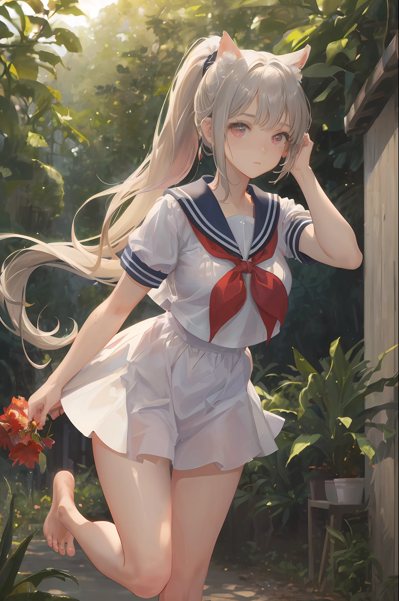 art by Cornflower, dreamy, (masterpiece, best quality, perfect anatomy, beautiful face, realistic, ultra detailed,1girl,18ears old,solo,depth of field,Canon 24mm Lens,f1.4,cute_girl,sailor_ collar, clear facial features, short sleeves, large breasts, thin stature, height 170, barefoot, double ponytail, bangs, gravure pose, outdoor, jungle, blurred background, (uwabaki: 1.1576))