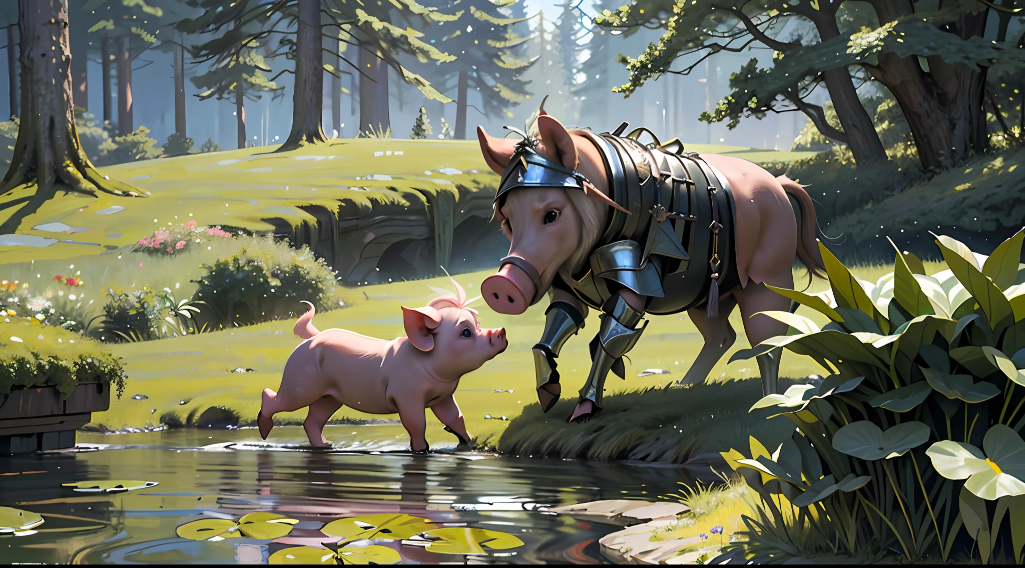 (Best Quality, Masterpiece: 1.3), 1Pig, Heads Up, Winged Elf Piggy, Forest, Side View, Moe Pig, Wide Angle, Focused Forest, Pond, Pig in Medieval Armour