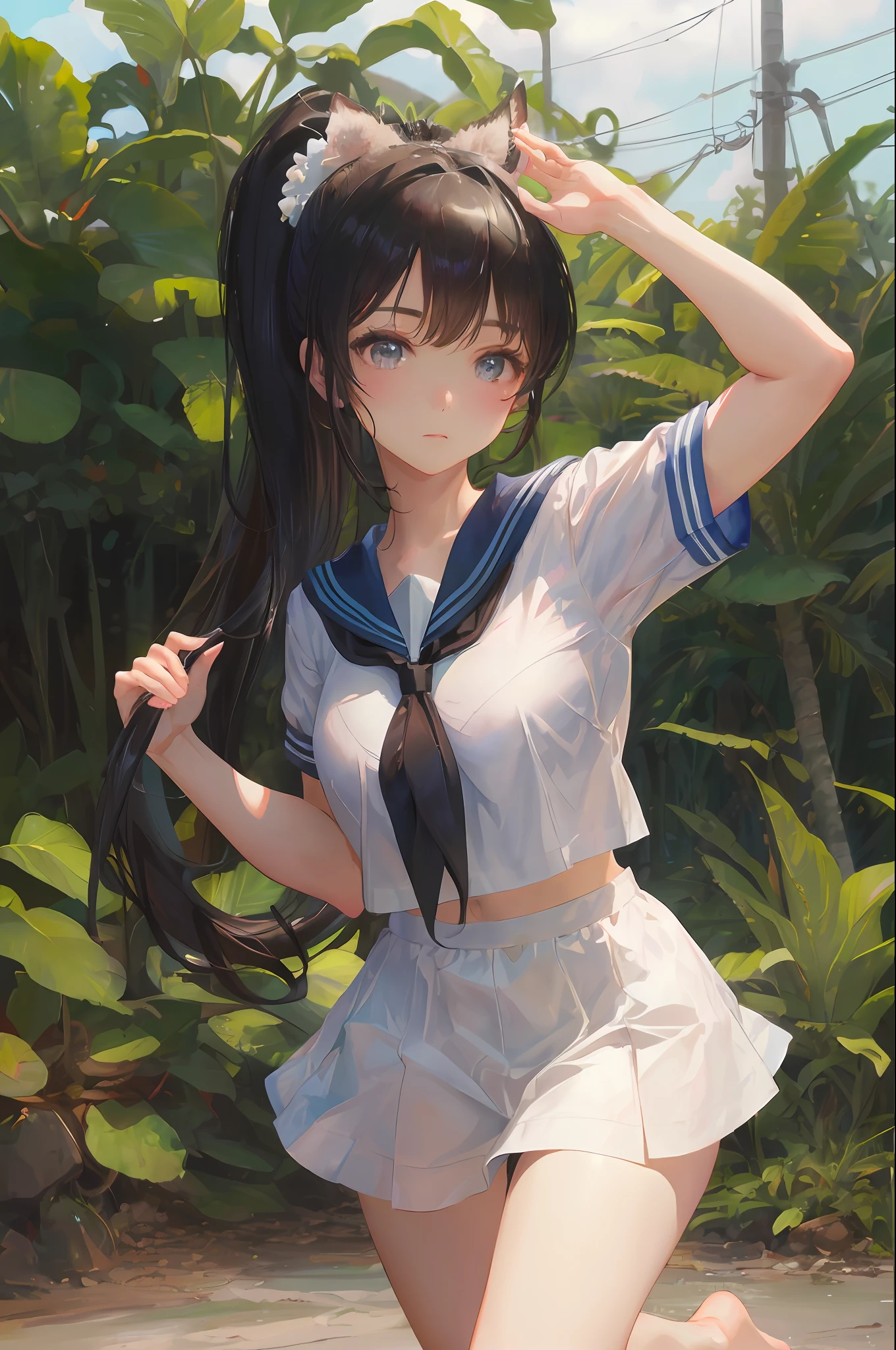 art by Cornflower, dreamy, (masterpiece, best quality, perfect anatomy, beautiful face, realistic, ultra detailed,1girl,18ears old,solo,depth of field,Canon 24mm Lens,f1.4,cute_girl,sailor_ collar, clear facial features, short sleeves, large breasts, thin stature, height 170, barefoot, double ponytail, bangs, gravure pose, outdoor, jungle, blurred background, (uwabaki: 1.1576))