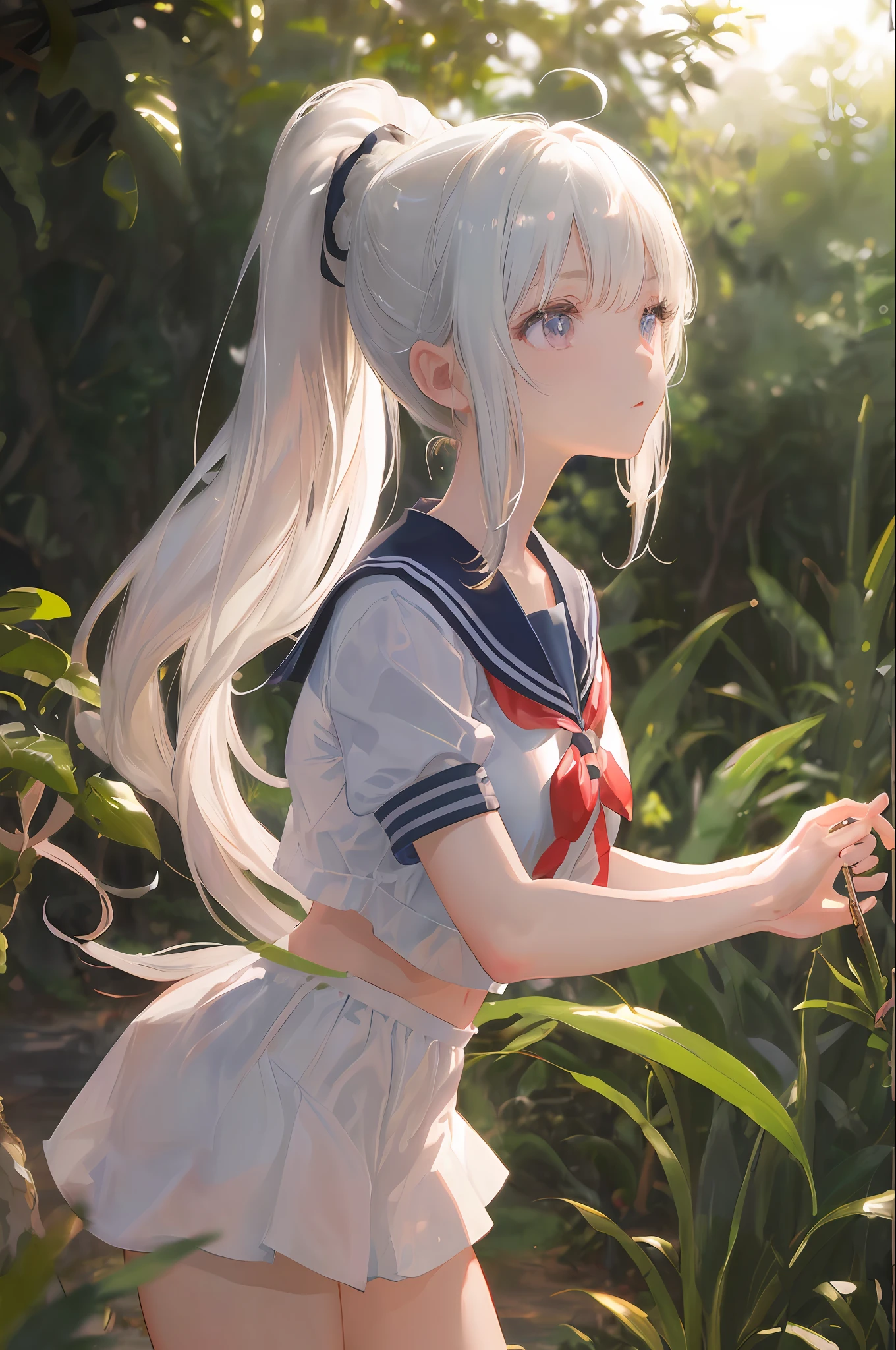 art by Cornflower, dreamy, (masterpiece, best quality, perfect anatomy, beautiful face, realistic, ultra detailed,1girl,18ears old,solo,depth of field,Canon 24mm Lens,f1.4,cute_girl,sailor_ collar, clear facial features, short sleeves, large breasts, thin stature, height 170, barefoot, double ponytail, bangs, gravure pose, outdoor, jungle, blurred background, (uwabaki: 1.1576))