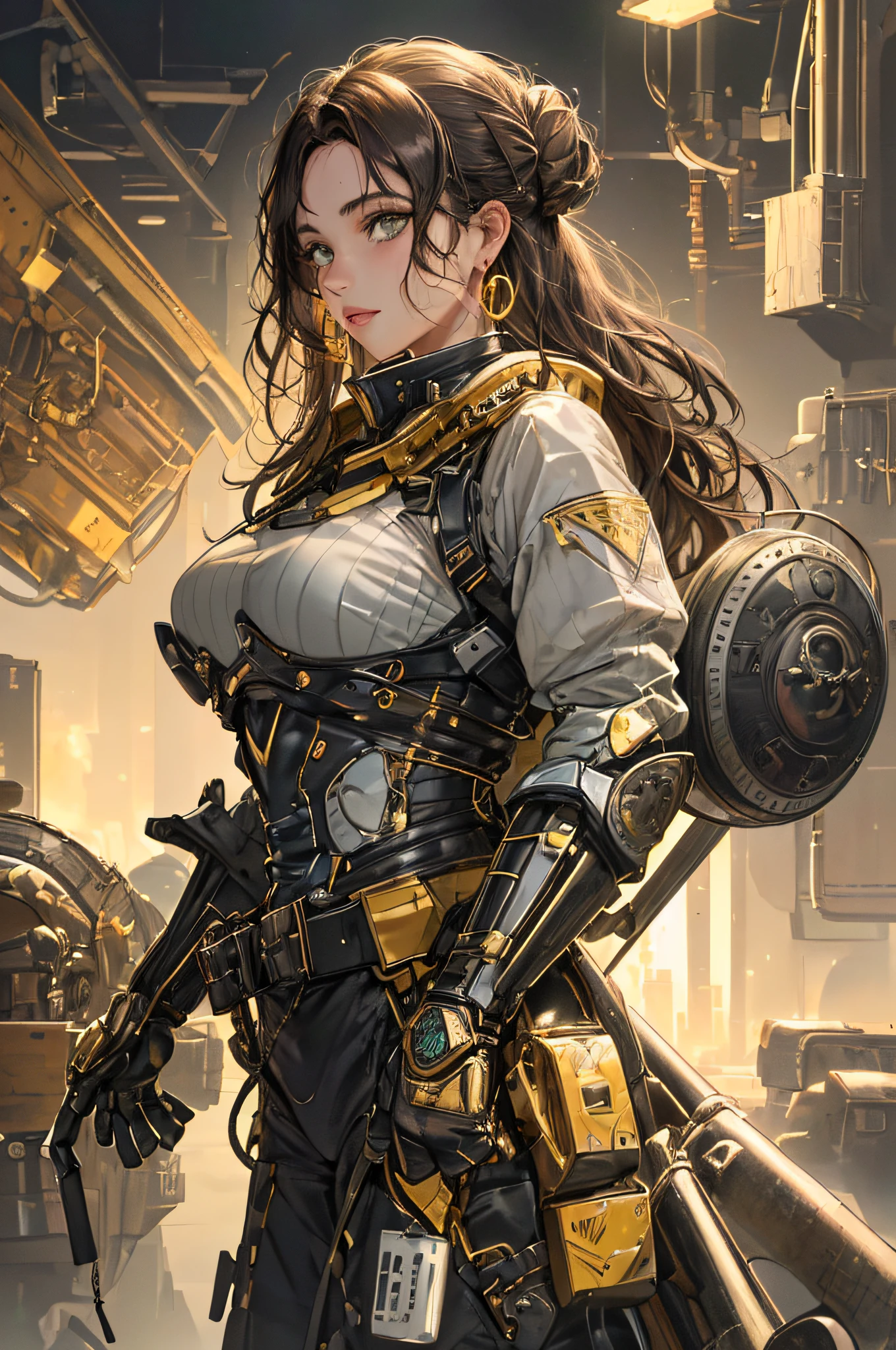 (1girl:1.3), looking at the audience, (exoskeleton suit, Maven, average height, bodybuilding, round face, olive skin, dark brown hair, green eyes, wide nose, plump lips, receding chin, long hair, straight hair, wavy bun, soft breasts, threader earrings, golden, matte lipstick, dystopian metropolis), (masterpiece, best quality, fine shiny skin: 1.2), flawless, 8k, RAW, highres, absurdres,