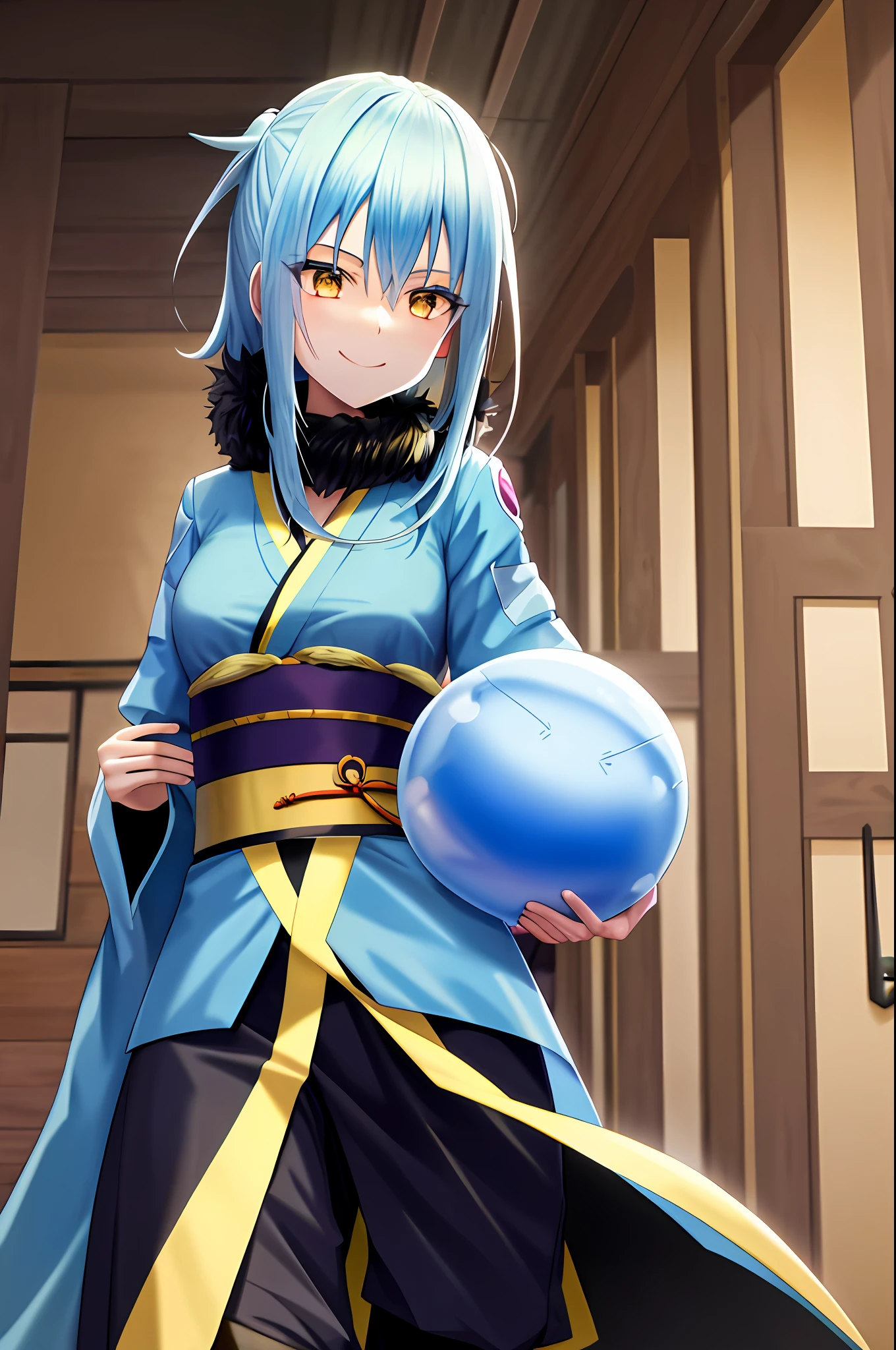upper body, indoor, (rimuru tempest), 1 girl, rimuru girl, kimono, skirt, medium breast, smile face, hand on chest, stocking, 1girl,