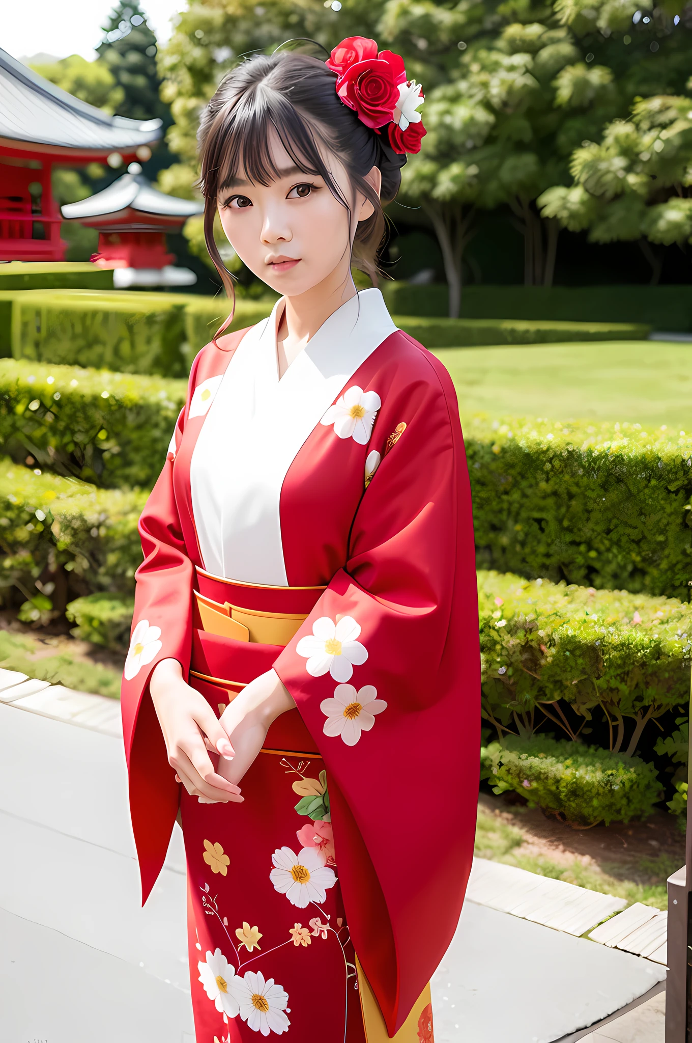 Top quality, ultra high resolution, (photorealistic: 1.4), one Japan woman, elegant girl in gorgeous red flower kimono and hair flowers, 21 year old girl, temple background, looking at the viewer, facing the front, wide angle, full body, ulzzang-6500-v1.1