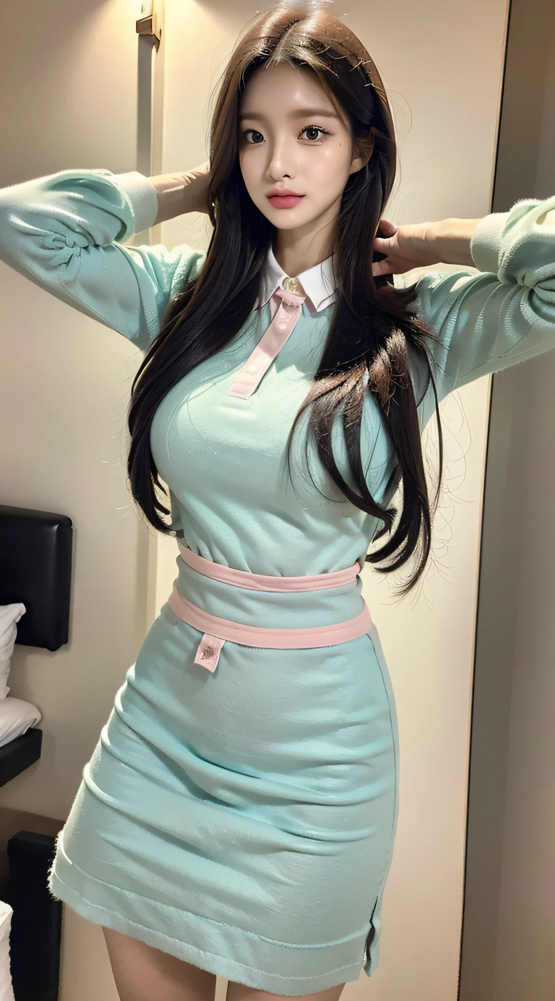 Korean women, goddess, long hair, fine skin texture and cloth texture, fine eyes, long eyelashes, double eyelids, upper body, hotel, 8k, highest image quality, masterpiece, super high resolution: 1.2, beautiful female photo with theme of girly elegant style, Araki in dress, (zettai ryouiki), preppy style dress, cashmere fabric, preppy style, stewardess outfit, femininization in cute pastel tones, femininization in pastel tones, Wearing smooth dresses, pastel tones, pastel colors, light clothing, pastel tones, pastel clothing, Korean female fashion models, pastel style, multi-layered clothing, wearing elegant clothing, soft and cute colors
