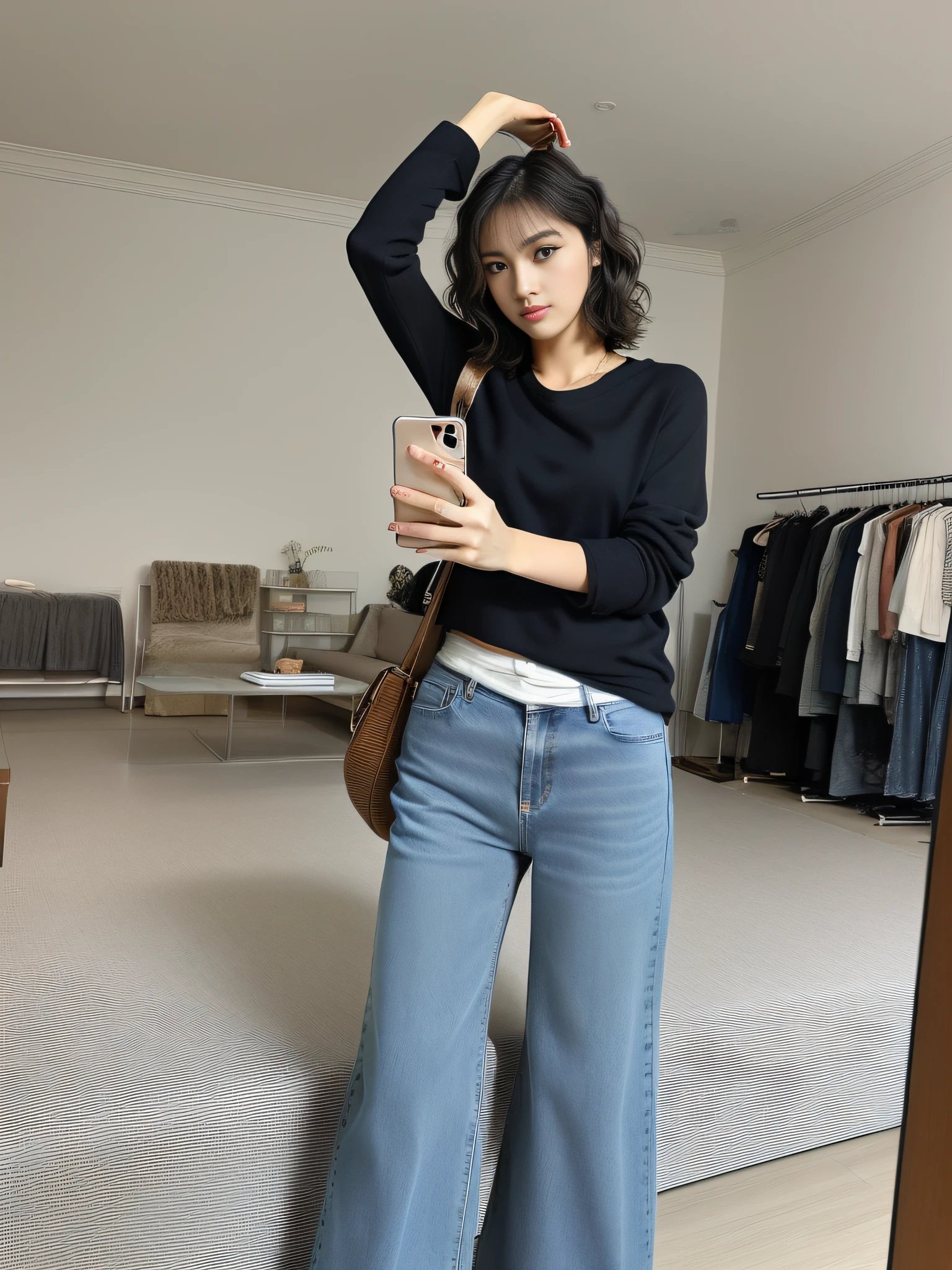 (photo of attractive Japanese woman), 1 girl, (short wavy hair), perfect figure, ultra-detailed face, detailed lips, fine eyes, double eyelids, take a picture of yourself in the mirror, loose jeans, clothing photo, full body wide angle photo, large pants, wearing loose wear, wearing acne clothing, super wide lens, (wearing jeans))), wearing long and fluent clothes, full body view, full body long lens, full body photo, wearing double jeans, ootd
