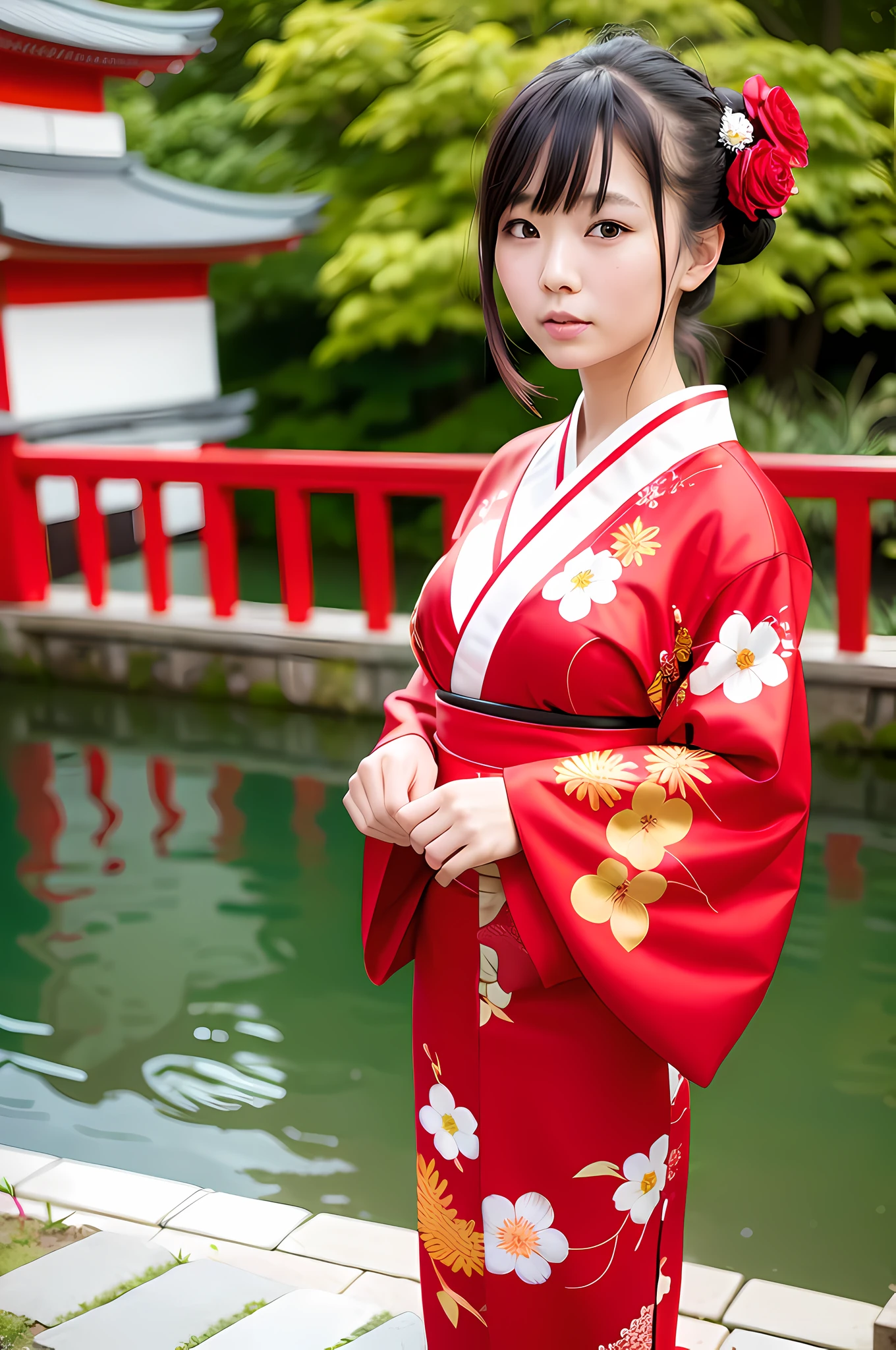 Top quality, ultra high resolution, (photorealistic: 1.4), one Japan woman, elegant girl in gorgeous red flower kimono and hair flowers, 21 year old girl, temple background, looking at the viewer, facing the front, wide angle, full body, ulzzang-6500-v1.1