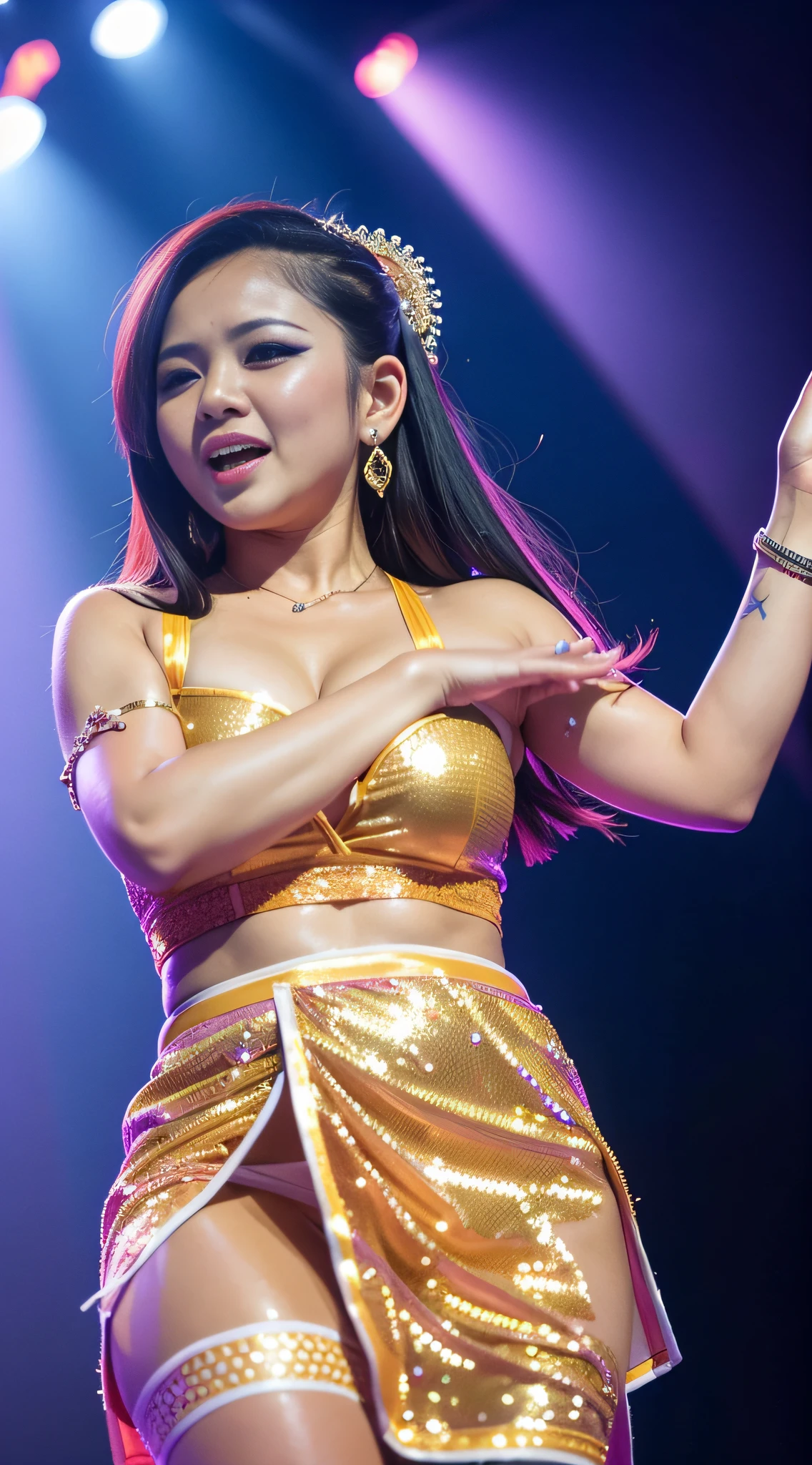 hot upskirt photo of ((Thai singer)), jumping on stage, dangdut, hot koplo, big breasts, sweat skin, shinny dress, lace panties, 85mm lens, eos, 4k