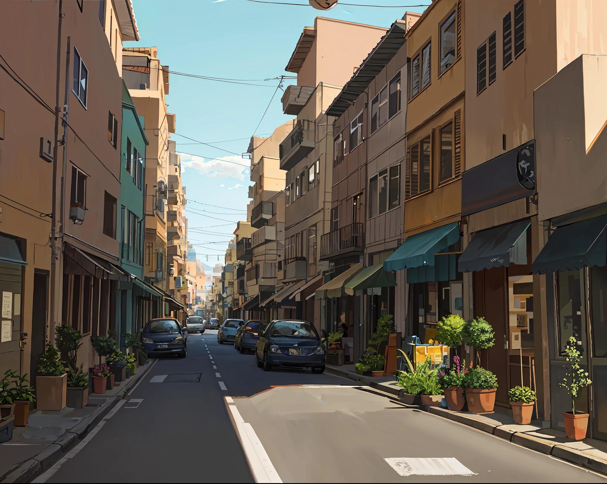 Painting of a street with cars parked on the side of the road and buildings in the background