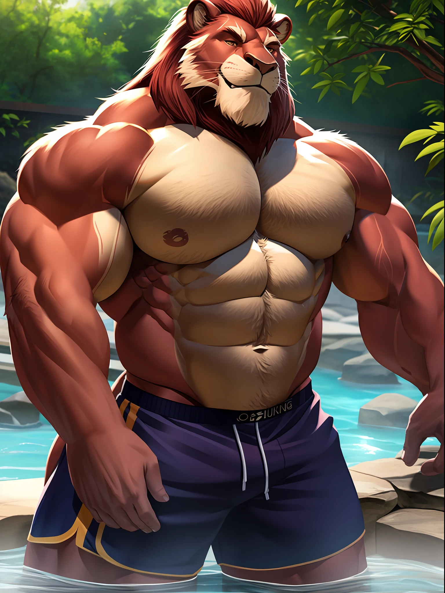 muscular old man soak in the onsen, shorts, furry, an anthro (burgundy lion), an anthto, a old man big muscular, happy expression, detailed face, face, detailed eyes, eyes, really big muscle, bigger muscle, very big muscular, over sized muscle, biggest muscle, big pec muscular, biggest pec muscle, detailed muscle, realistic rendering, CG realistic, 3d realistic, photography, background