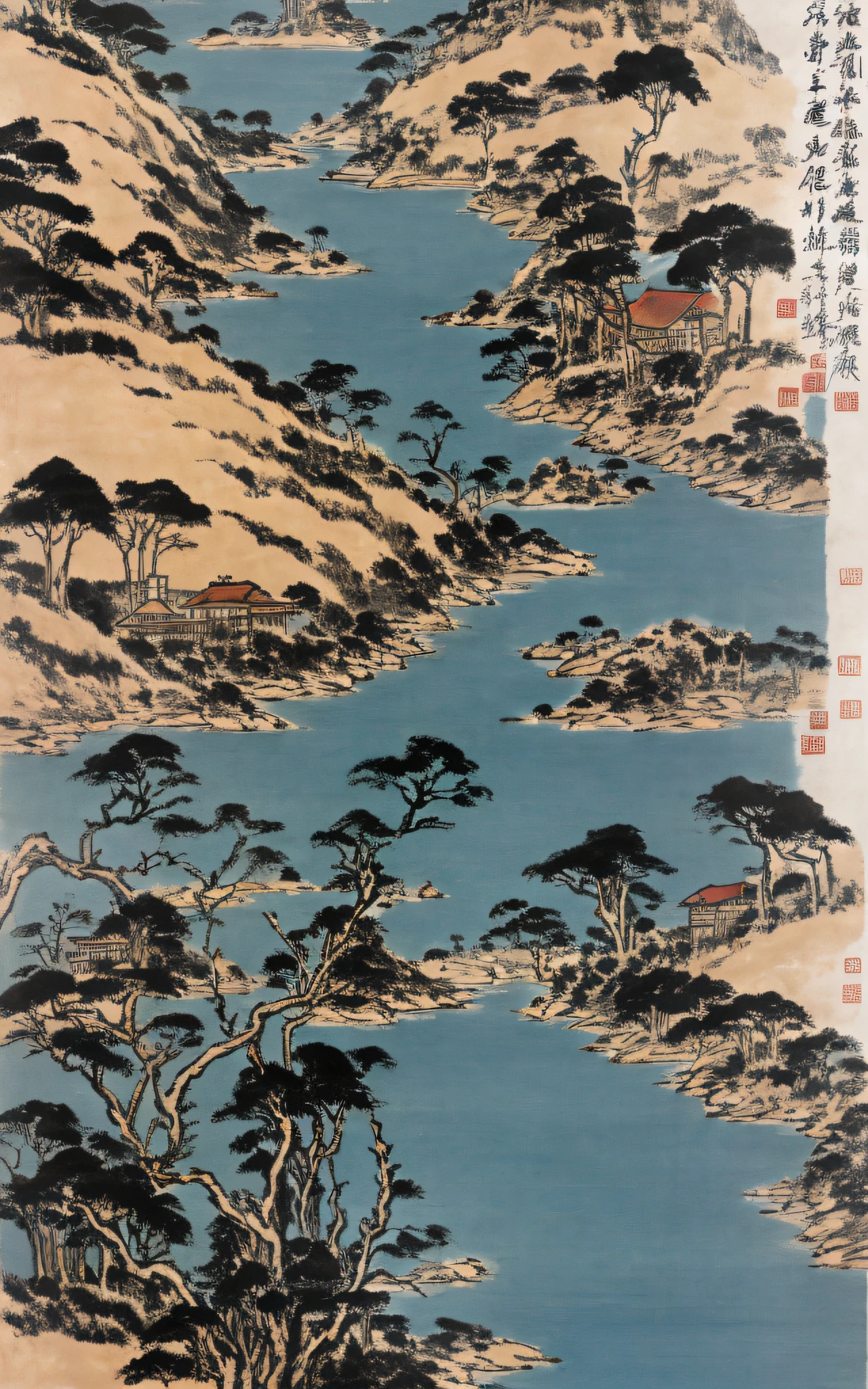 painting of a cabin in a valley with a river running through it, by Gigadō Ashiyuki, by Tōshi Yoshida, by Unkoku Togan, by Gusukuma Seihō, inspired by Katsushika Ōi, by Chizuko Yoshida, by Ryūsei Kishida