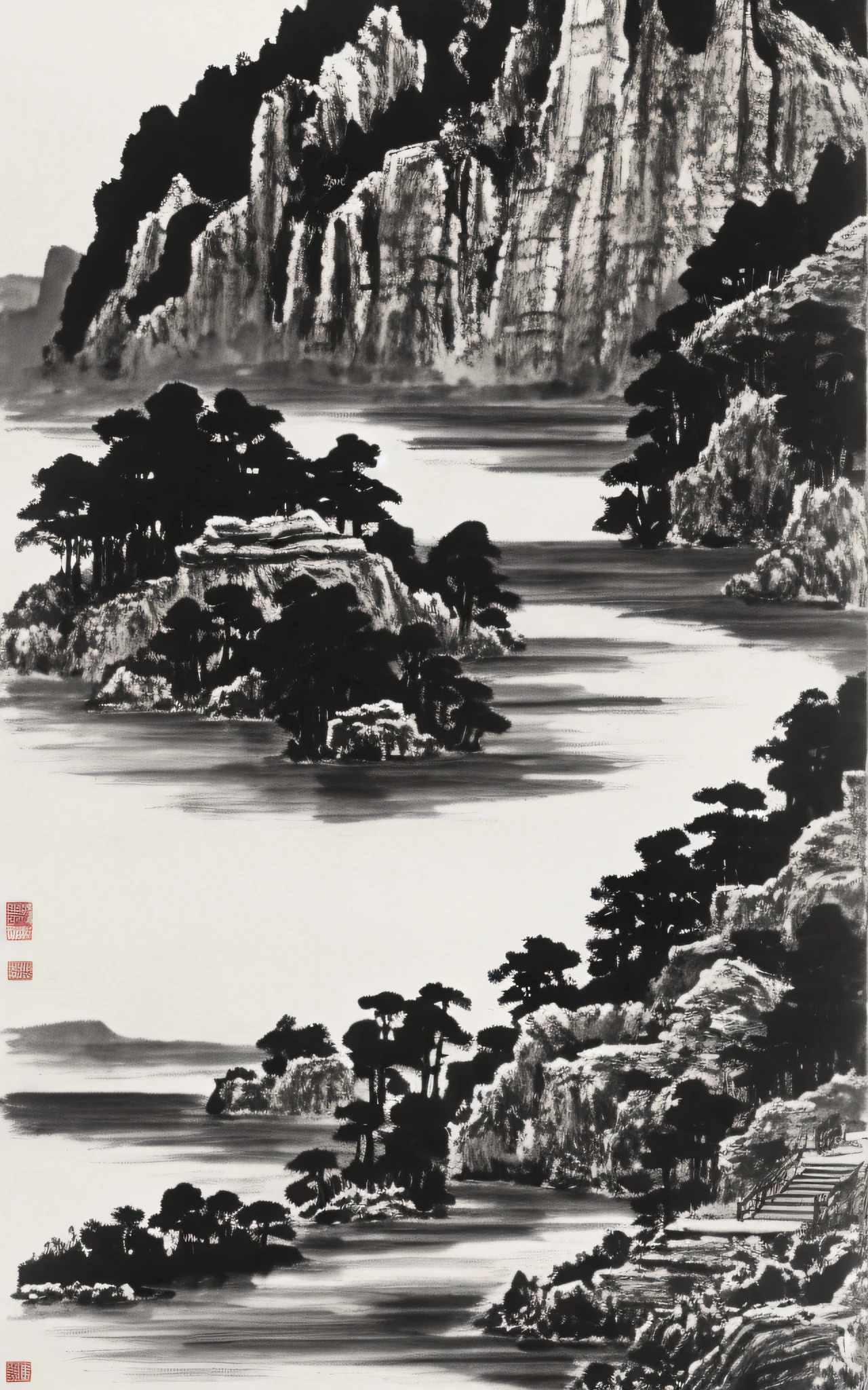 painting of a cabin in a valley with a river running through it, by Gigadō Ashiyuki, by Tōshi Yoshida, by Unkoku Togan, by Gusukuma Seihō, inspired by Katsushika Ōi, by Chizuko Yoshida, by Ryūsei Kishida