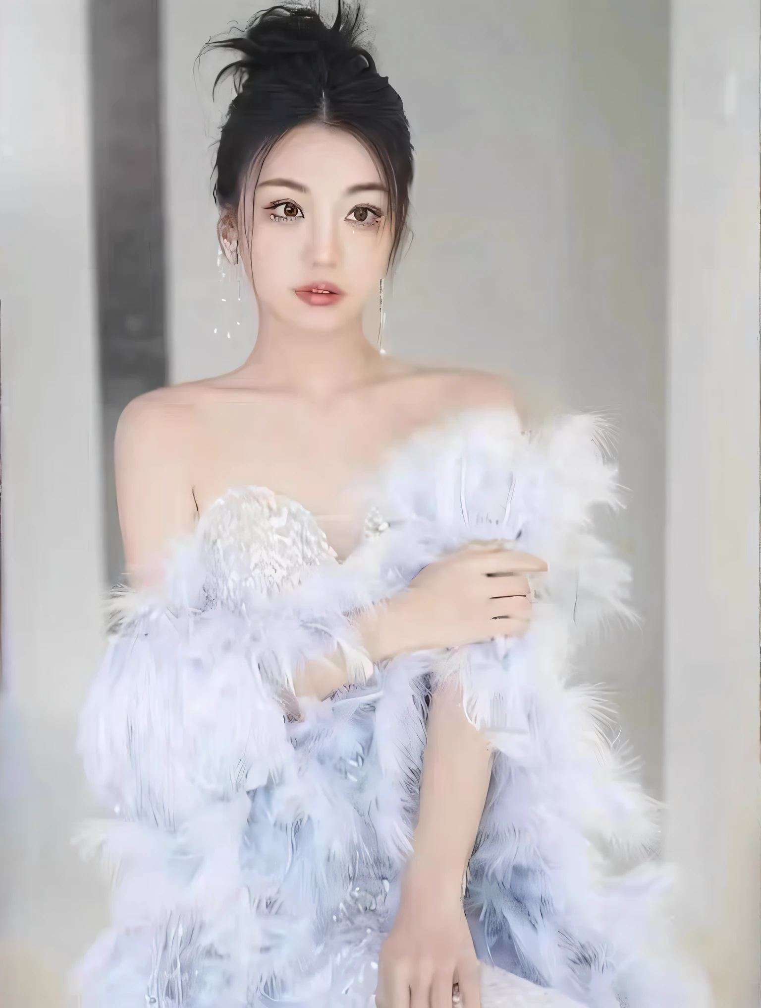 araffe woman in a white dress posing for a picture, gorgeous chinese model, ruan jia beautiful!, full body xianxia, xue han, wenfei ye, fur covering her chest, xintong chen, sky-blue thick fur robes, dilraba dilmurat, xianxia fantasy, chinese girl, xision wu, xianxia