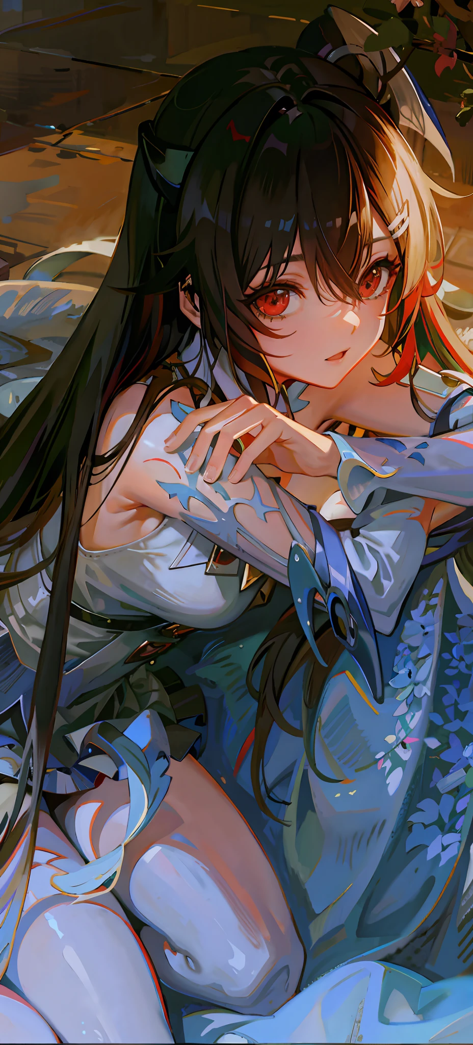 Anime girl with long hair and red eyes lying on the ground, author: Kane Motomura, detailed digital anime art, detailed anime art, | fine detail anime, detailed anime artwork, HD anime wallabies, drawn in anime painter studio, anime wallabies, beautiful anime artwork, exquisite details. Anime. Tentacles, clean and meticulous anime art, highest rated on pixiv, plump and highlight the figure