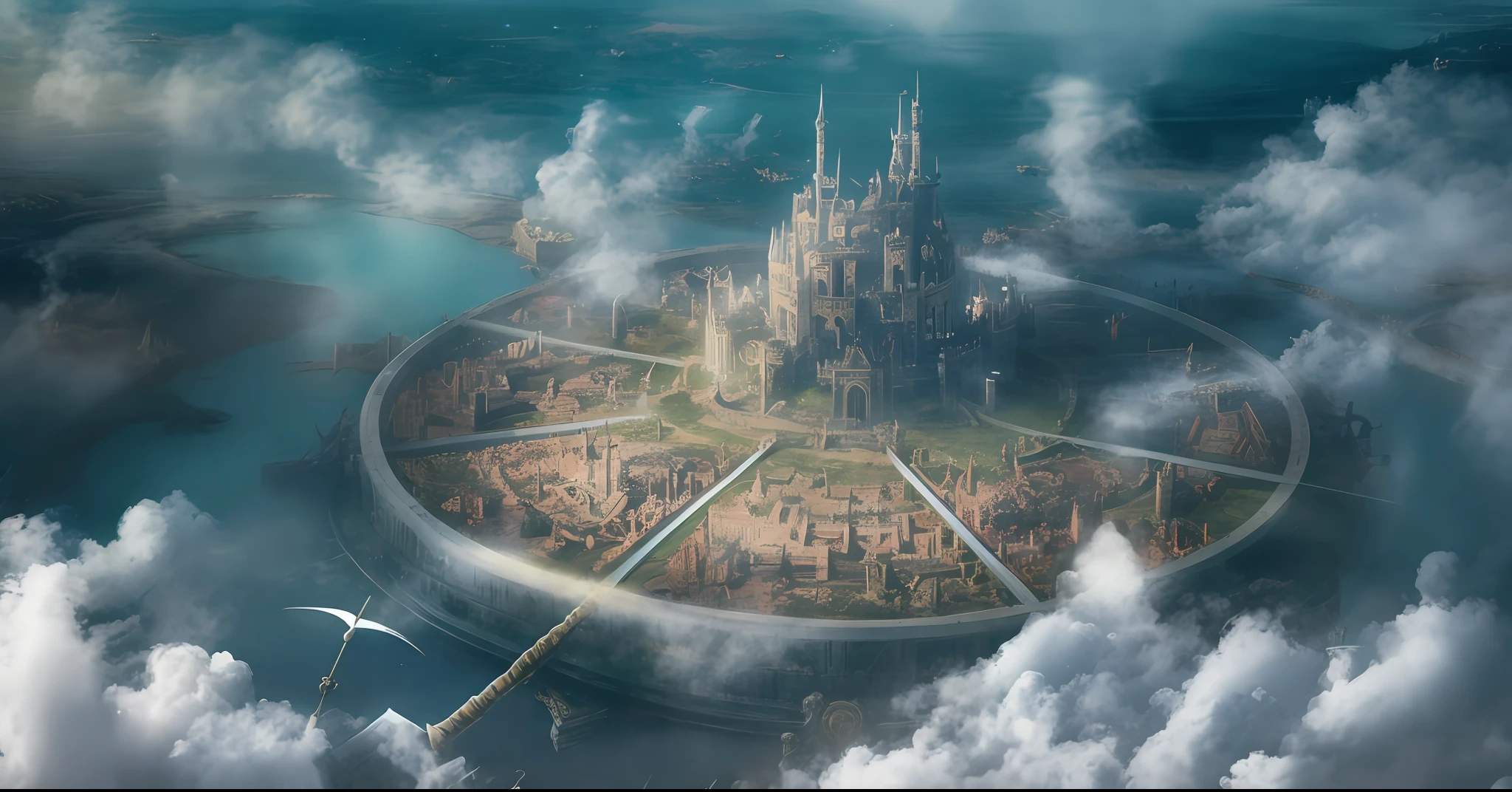 there is a large circular clock with a castle in the middle of it, fortress mega structure city, big and structured valhalla city, fantasy capital city, renaissance port city background, fantasy city background, kingslanding, final fantasy vll world concept, an immense floating castle, fantasyconcept art, the city of atlantis, concept art highly detailed, elven city