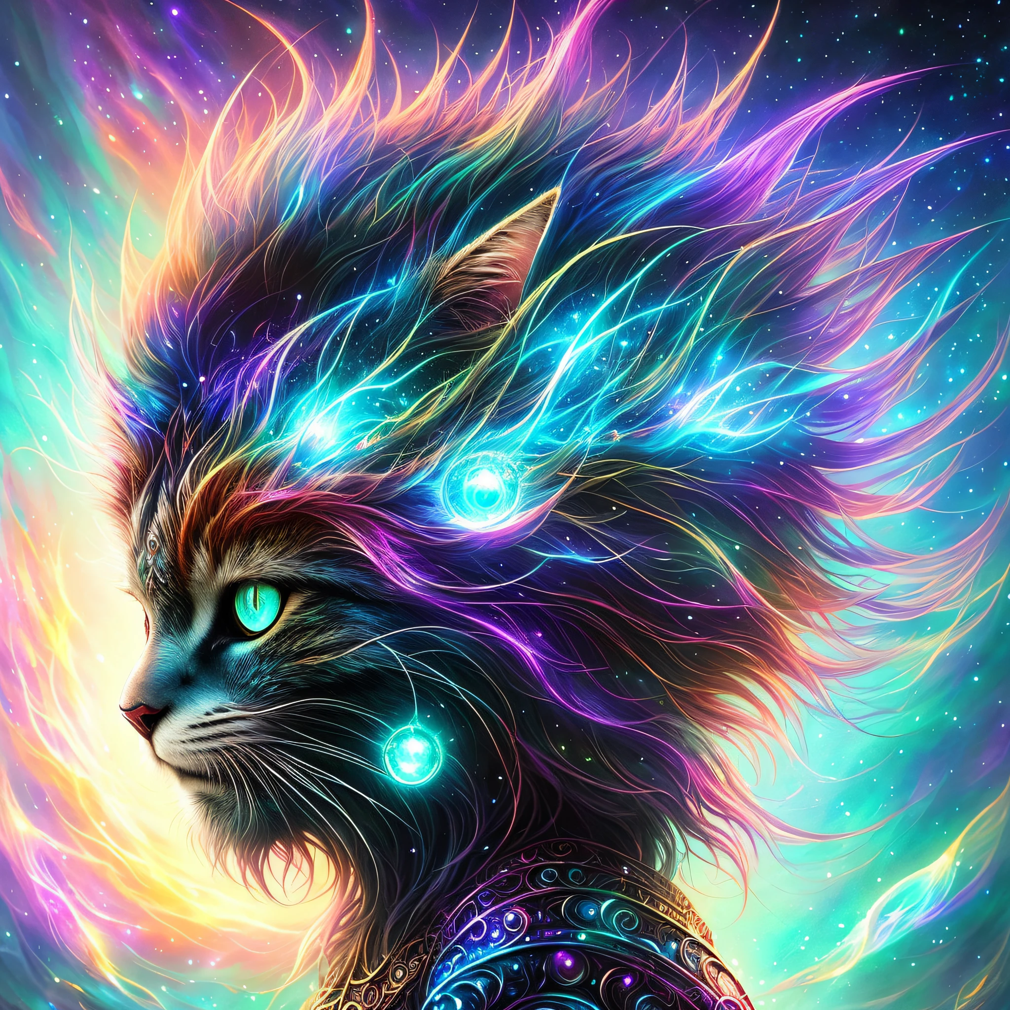 galactic cat with a lot of hair on it's head, third eye, staring at something in the distance, intricate details, electric, fantasy art, Anato Finnstark, emulsion painting, highly detailed, misty
rutkowski, hdr, hyperdetailed, rim light, faded, dim,Background galactic ,star,