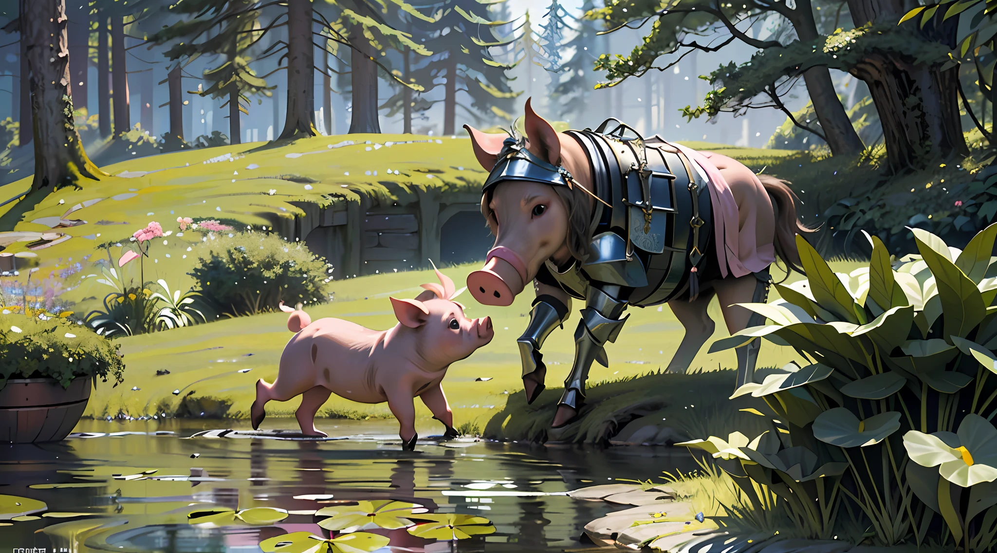 (Best Quality, Masterpiece: 1.3), 1pig, Heads Up, Winged Elf Piggy, Forest, Side View, Moe Pig, Wide Angle, Focus Forest, Pond, Pig in Medieval Armour, Super Fine Hair, Skin Texture