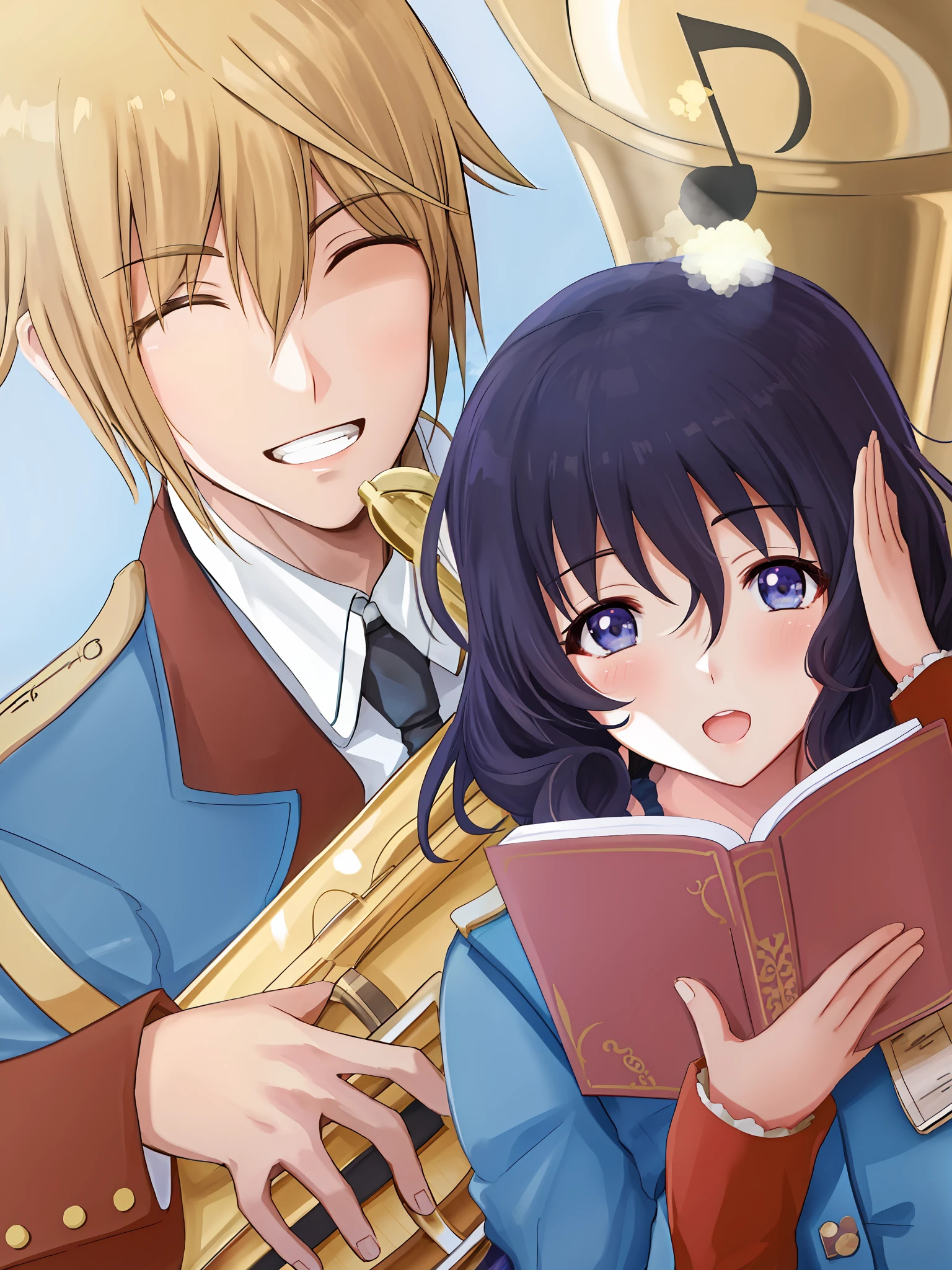anime characters with instruments and music instruments in front of a blue sky, shoujo romance, lewd, steam romance, high quality fanart,