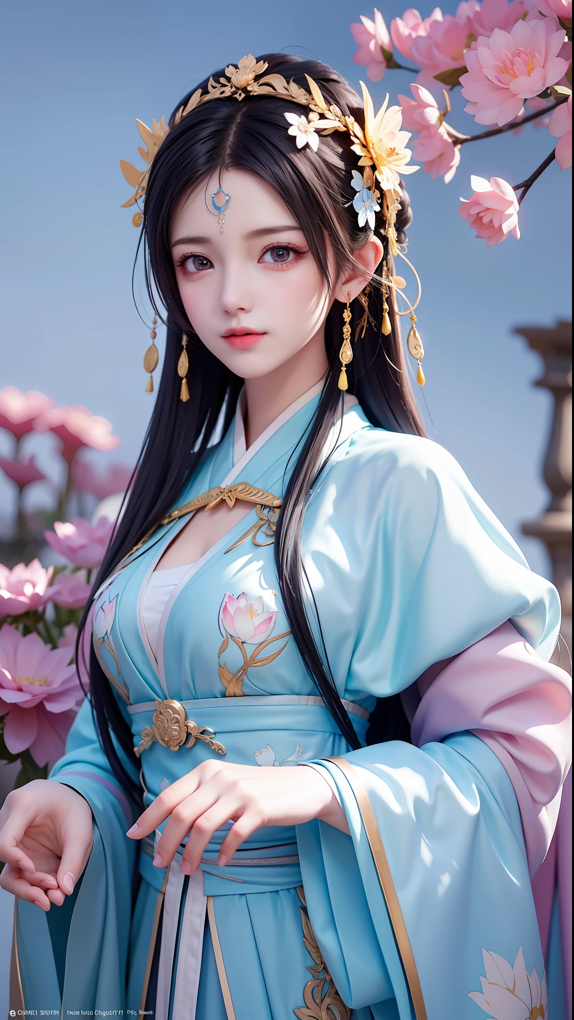 (8k, RAW photo:1.2), best quality, ultra high res, dramatic angle, (fluttered detailed color splashs), (illustration), (((1 girl))), (long hair), (rain:0.9), (headdress: 1.4), there is an ancient palace next to the girl, Hanfu, (emphasis), Color ink painting, (splash color), splash color, (((colorful))), (sketch: 0.8), Masterpiece, best quality, beautiful painted, highly detailed, (denoising:0.6), [splash ink], ((ink refraction)), (beautiful detailed sky), moon, highly, detailed, (masterpiece, best quality, extremely detailed) CG unity 8k wallpaper, masterpiece, best quality, super detailed), (garlic), medium boob, lotus