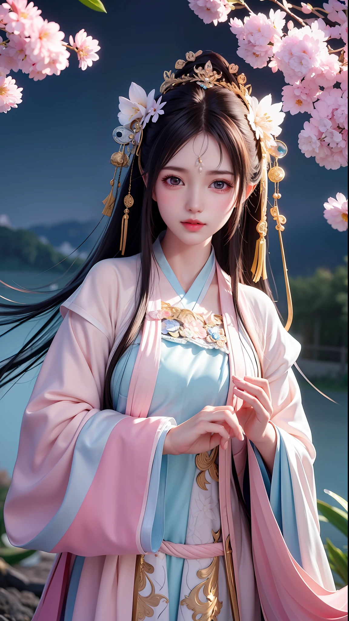 (8k, RAW photo:1.2), best quality, ultra high res, dramatic angle, (fluttered detailed color splashs), (illustration), (((1 girl))), (long hair), (rain:0.9), (headdress: 1.4), there is an ancient palace next to the girl, Hanfu, (emphasis), Color ink painting, (splash color), splash color, (((colorful))), (sketch: 0.8), Masterpiece, best quality, beautiful painted, highly detailed, (denoising:0.6), [splash ink], ((ink refraction)), (beautiful detailed sky), moon, highly, detailed, (masterpiece, best quality, extremely detailed) CG unity 8k wallpaper, masterpiece, best quality, super detailed), (garlic), medium chest, pink clothes, white flowers