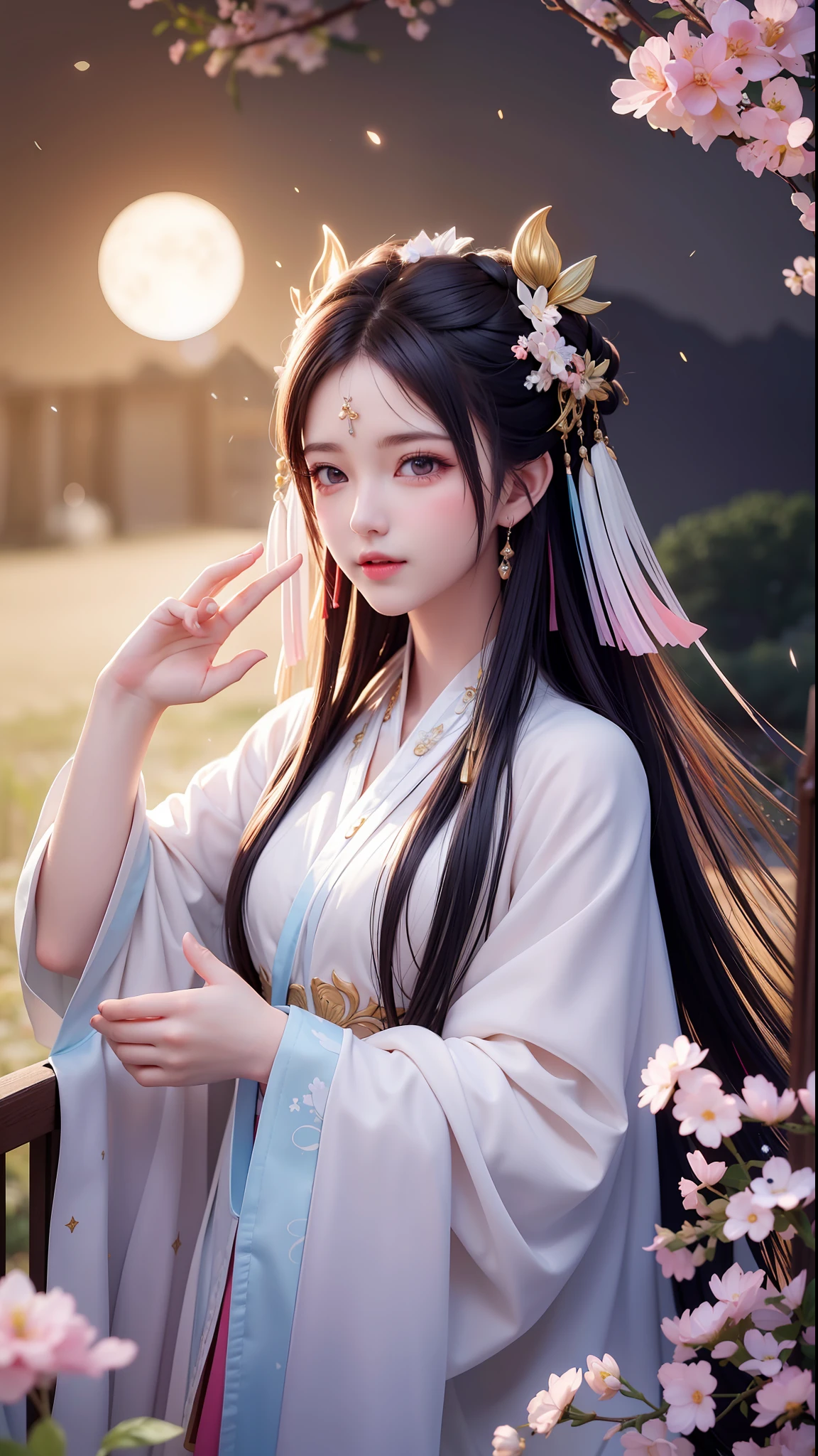 (8k, RAW photo:1.2), best quality, ultra high res, dramatic angle, (fluttered detailed color splashs), (illustration), (((1 girl))), (long hair), (rain:0.9), (headdress: 1.4), there is an ancient palace next to the girl, Hanfu, (emphasis), Color ink painting, (splash color), splash color, (((colorful))), (sketch: 0.8), Masterpiece, best quality, beautiful painted, highly detailed, (denoising:0.6), [splash ink], ((ink refraction)), (beautiful detailed sky), moon, highly, detailed, (masterpiece, best quality, extremely detailed) CG unity 8k wallpaper, masterpiece, best quality, super detailed), (garlic), medium ?????, pink clothes, white flowers